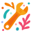 Orange wrench surrounded by colorful abstract shapes
