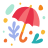 A red umbrella with colorful abstract shapes and plant shapes.