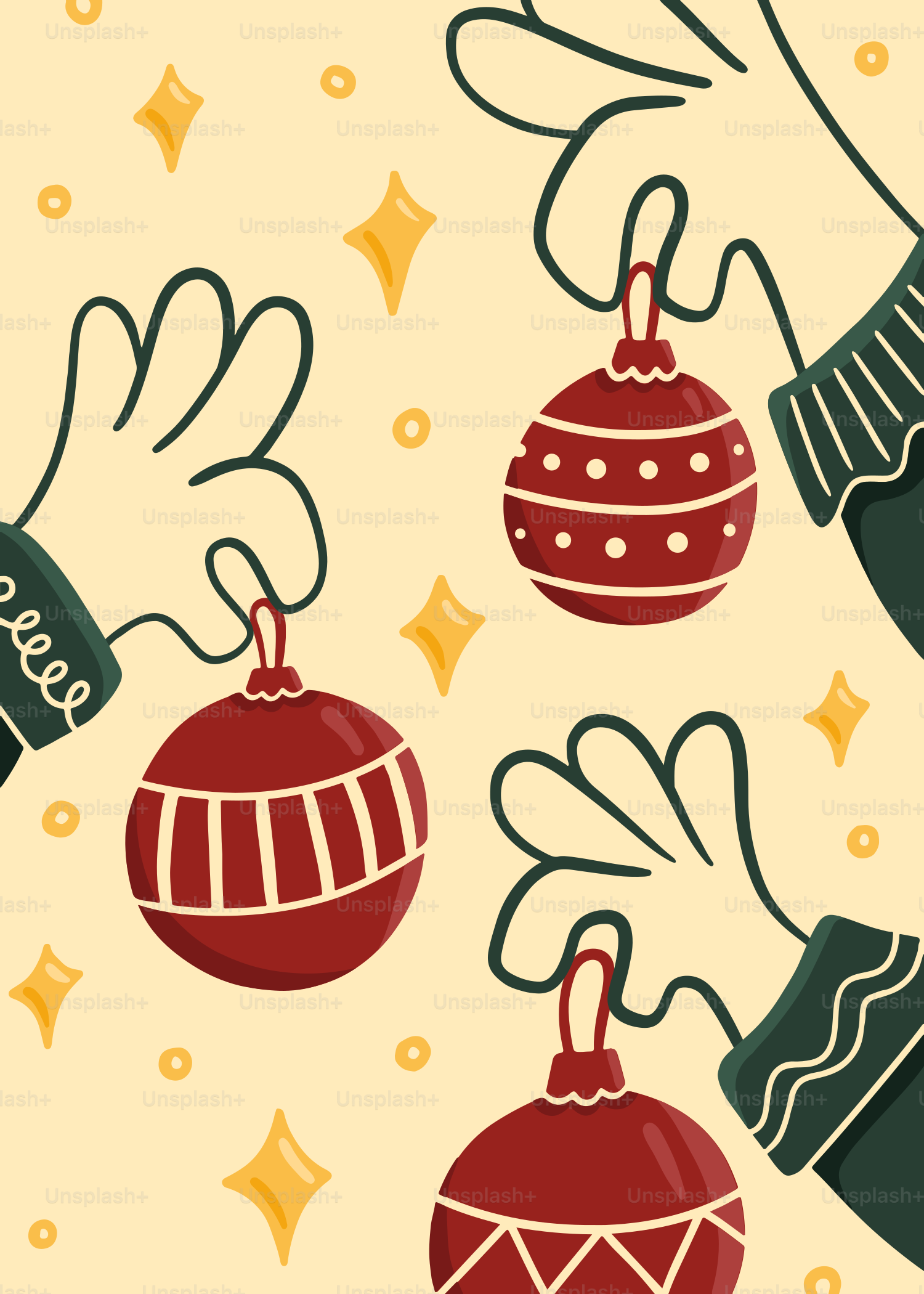 Hands holding festive christmas ornaments with yellow stars.