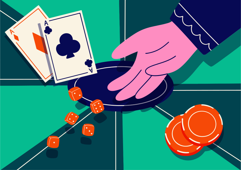 Mão alcançando dados e cartas na mesa.