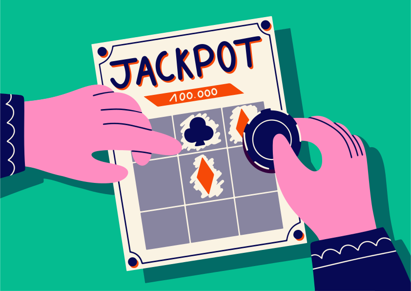 Mani che grattano un biglietto della lotteria jackpot con fiches.