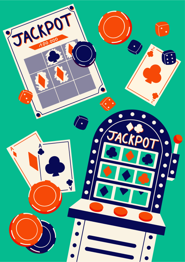 Casino slot machine with cards, dice, and chips.