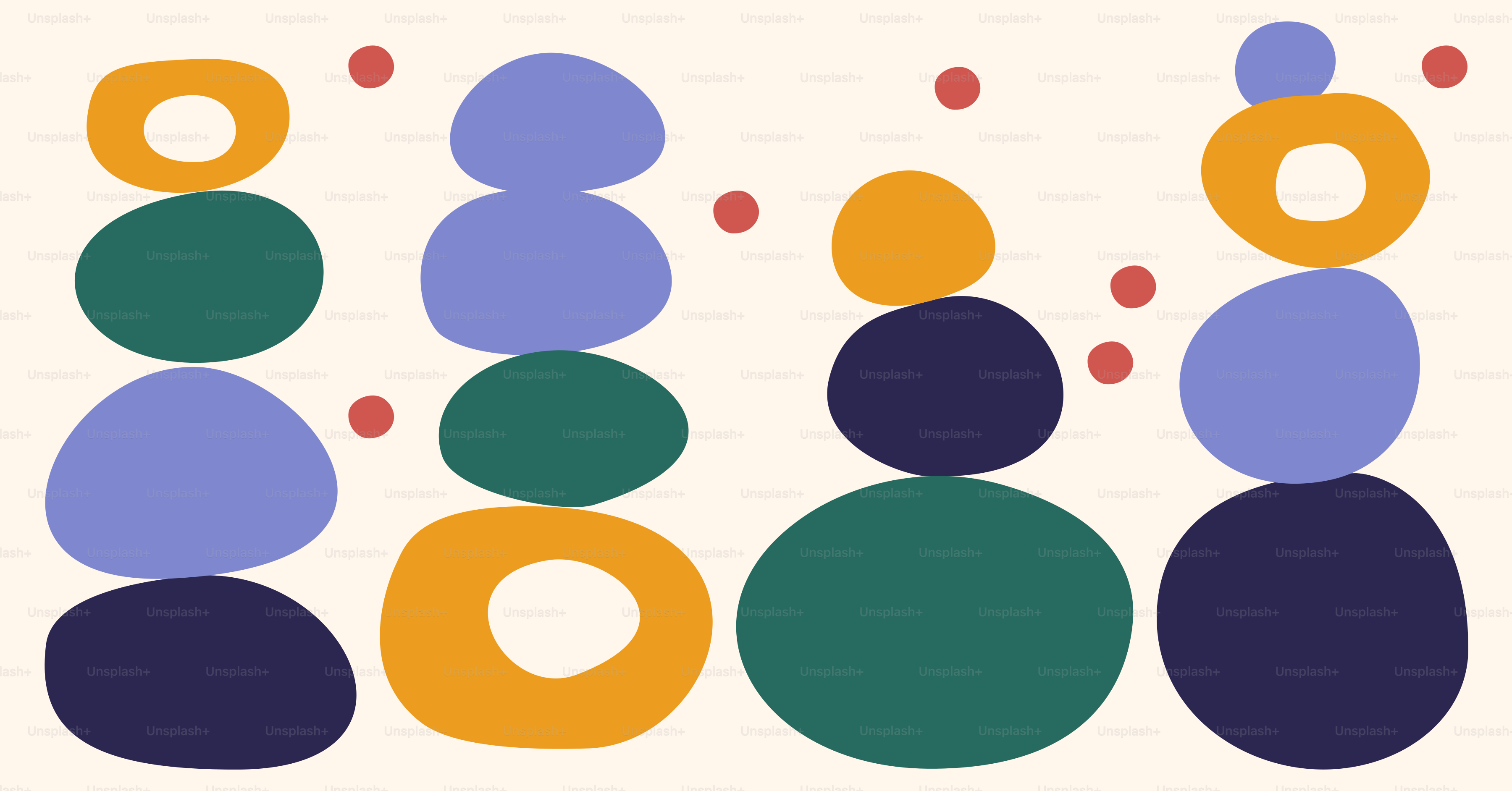 Abstract stacked shapes with red dots on cream background