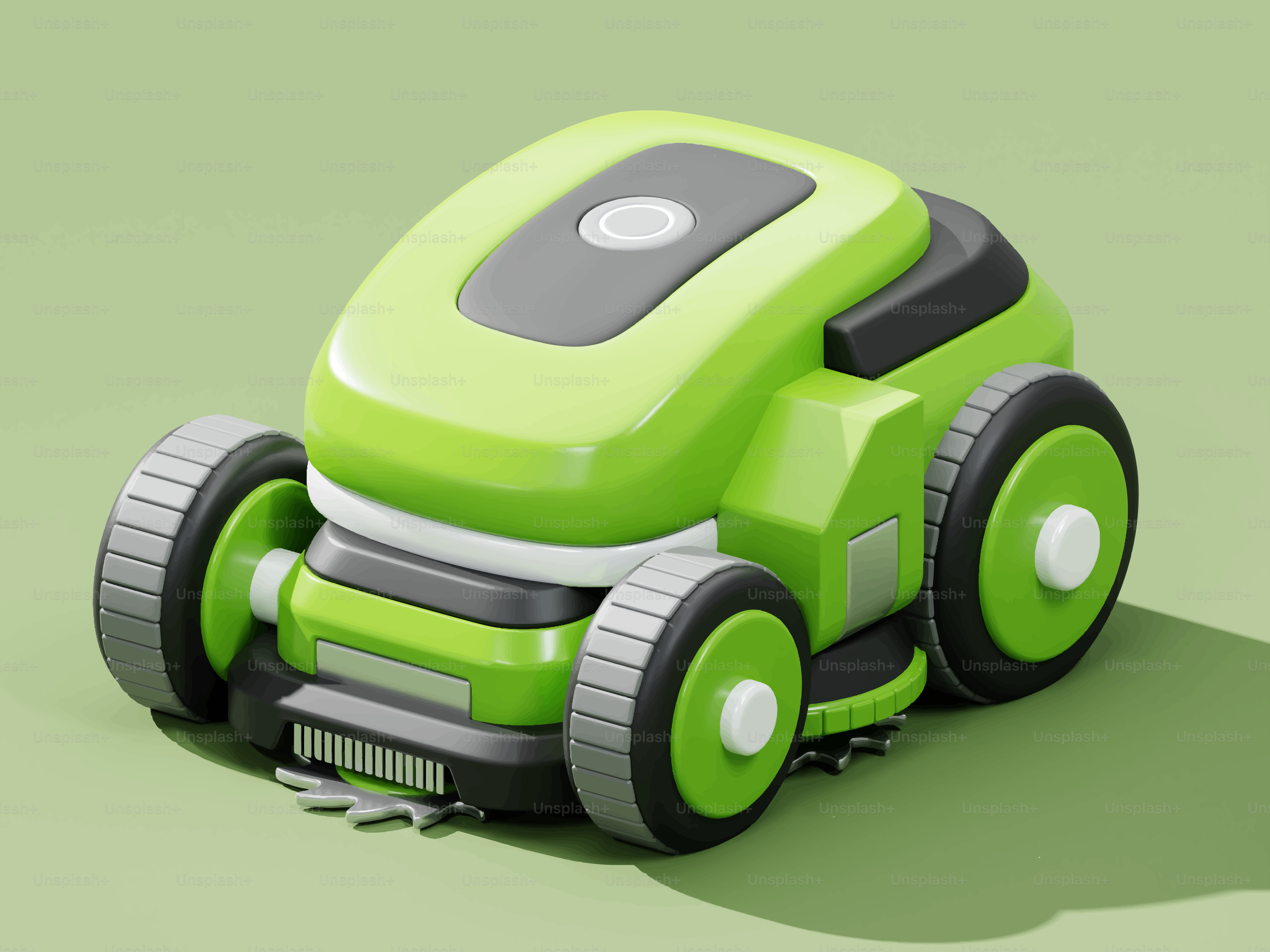 Um cortador de grama robótico verde em um fundo verde claro.