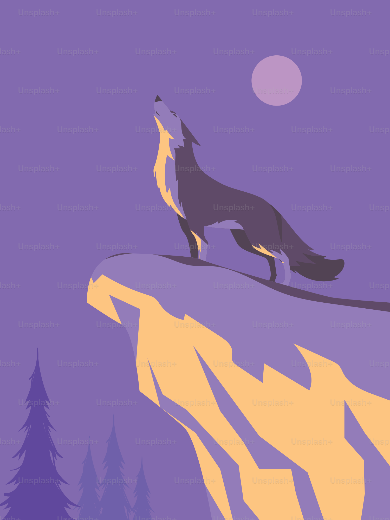 Wolf howling at the moon on a cliff.