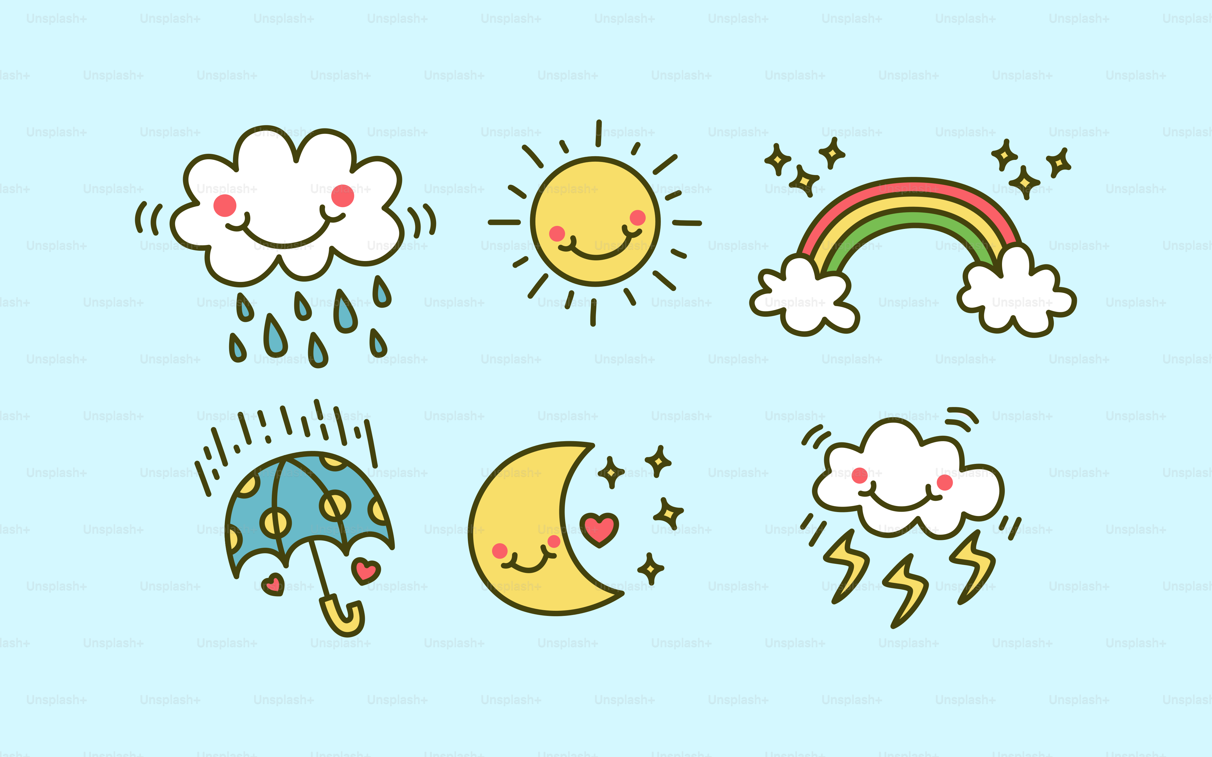 Cute weather icons including sun, rain, and rainbow