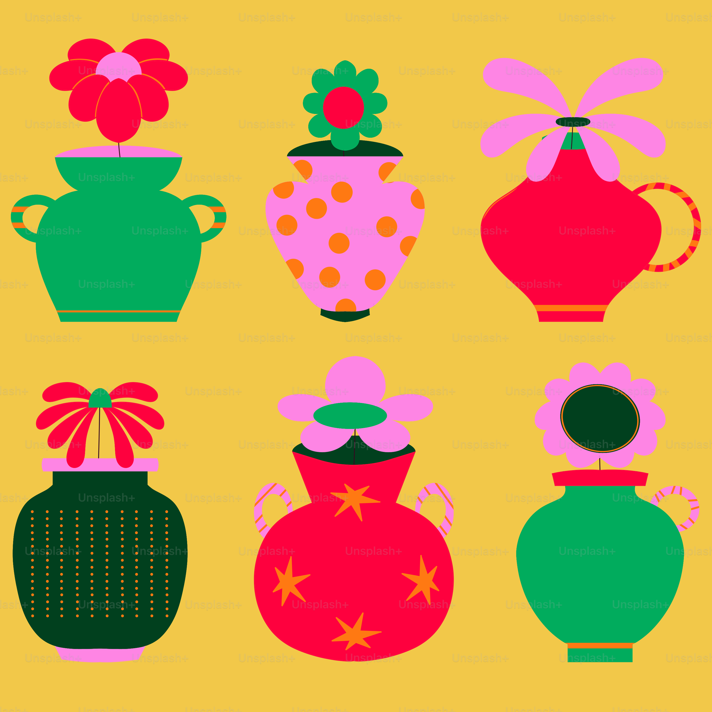 Six colorful vases with stylized flowers on yellow background
