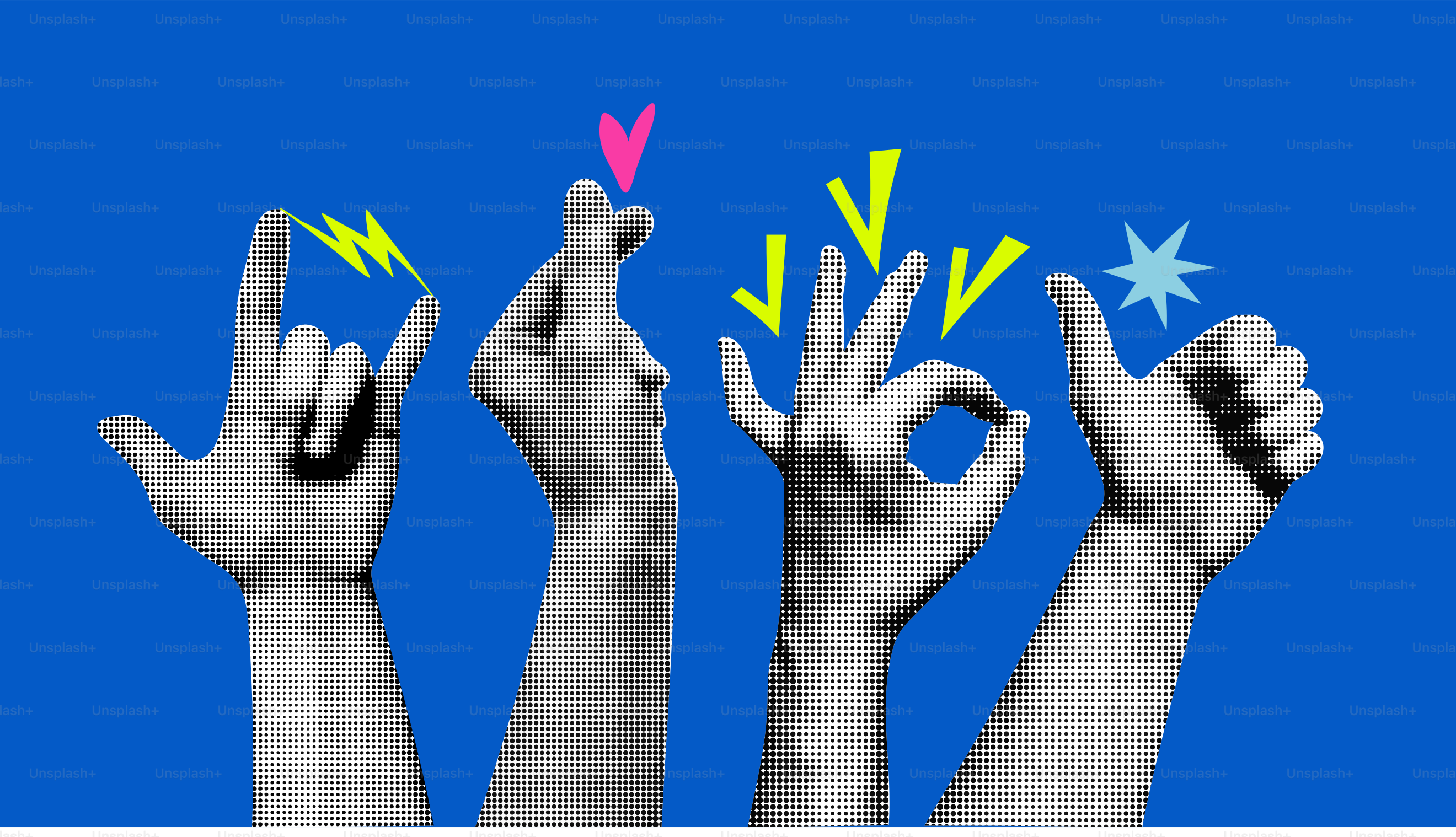 Four hands making various gestures against blue background