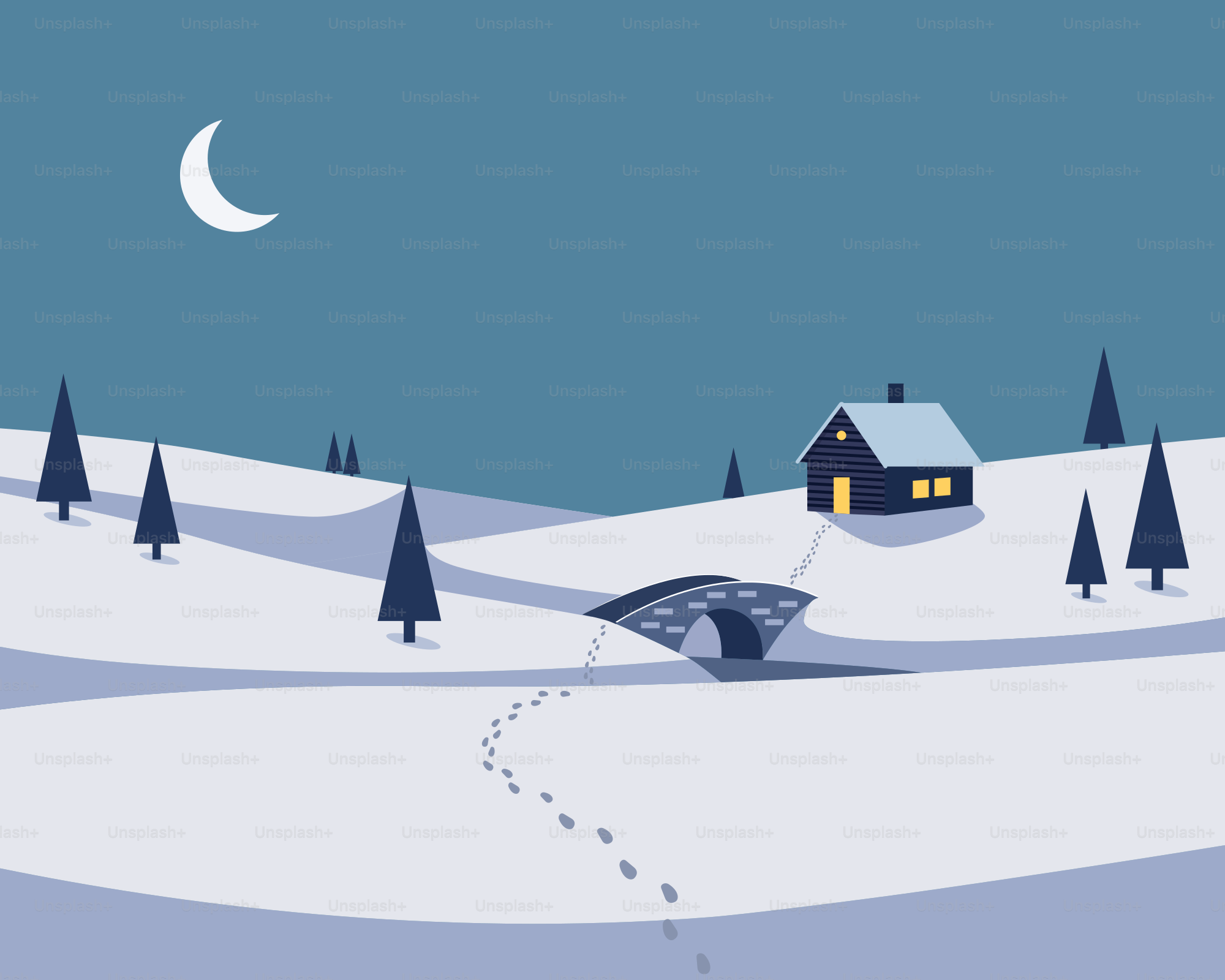 Snowy landscape with a house and crescent moon.