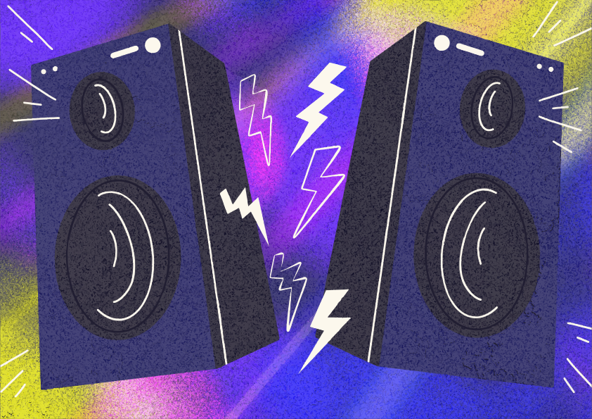 Two speakers facing each other with lightning bolts.