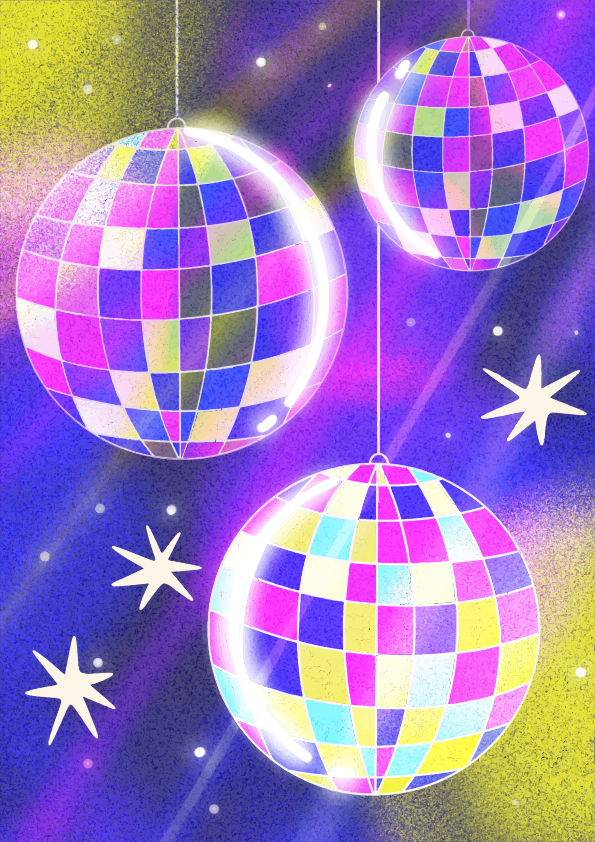 Three colorful disco balls hanging in a starry night.