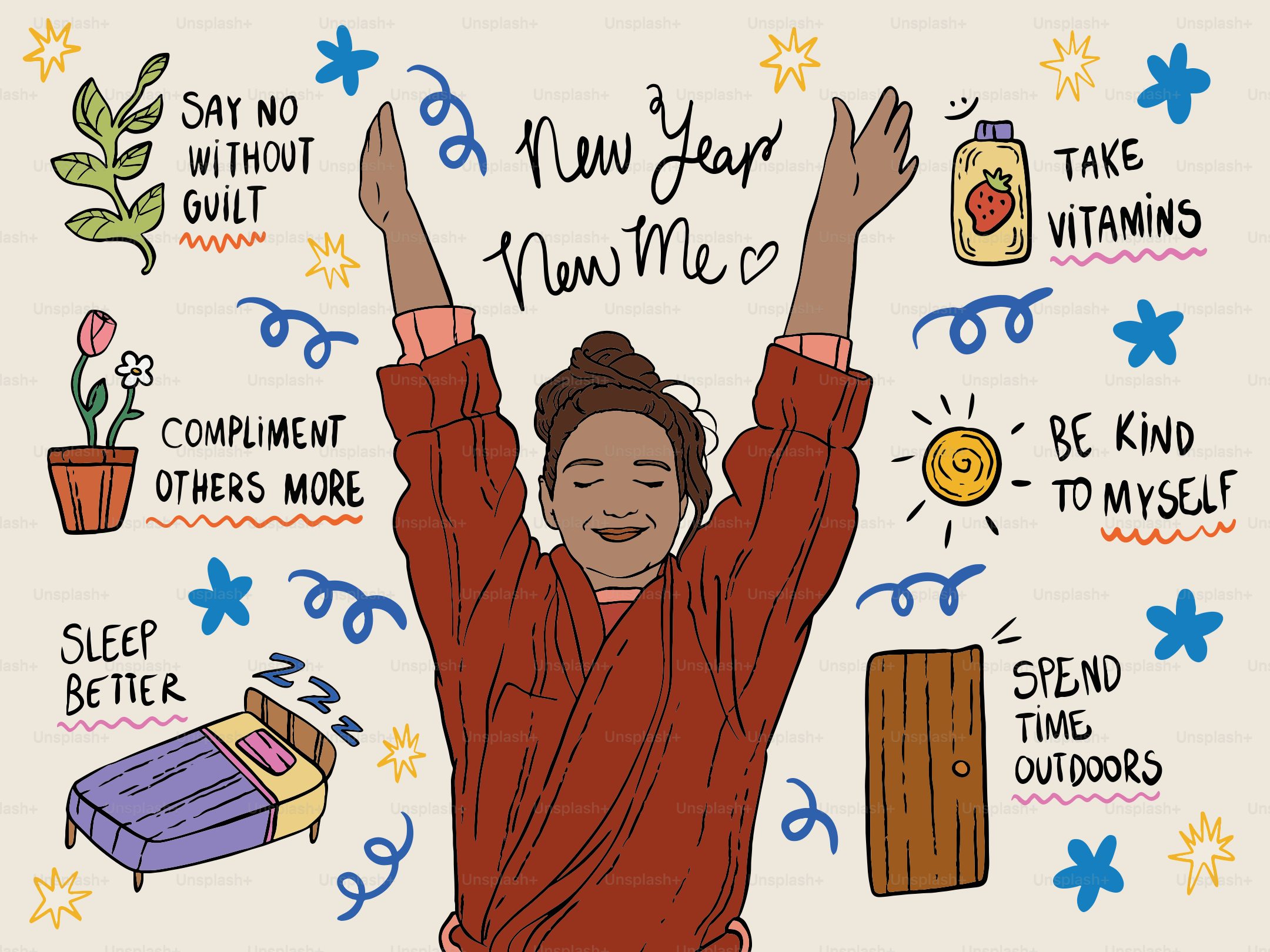 Donna con le braccia alzate, circondata dai propositi per il nuovo anno.