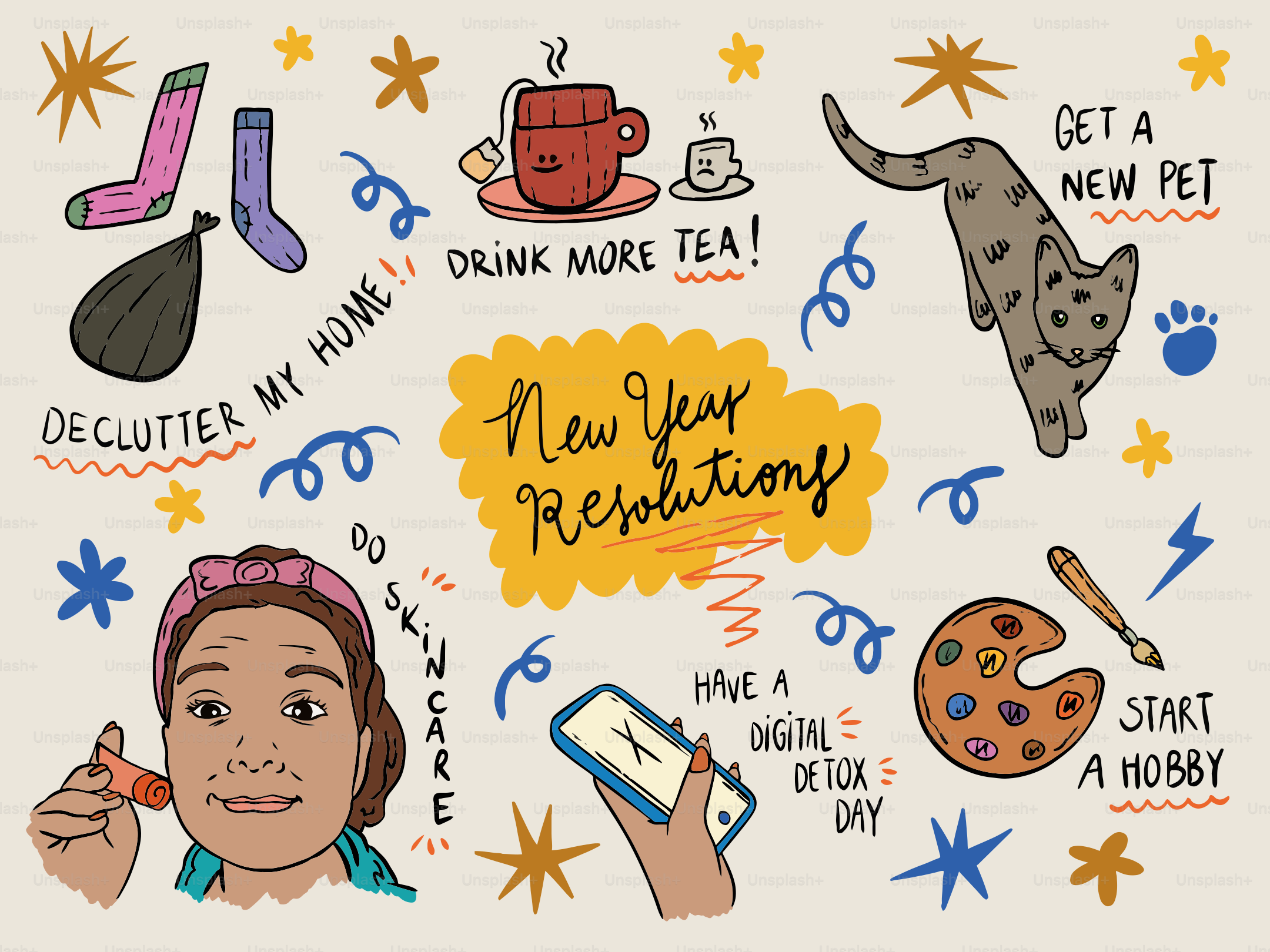 さまざまな活動やセルフケアを含む新年の抱負。