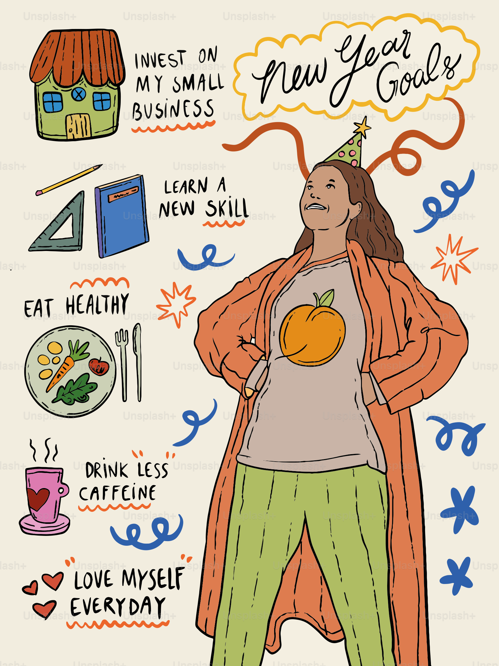 Woman celebrating new year goals with self-care and business aspirations.