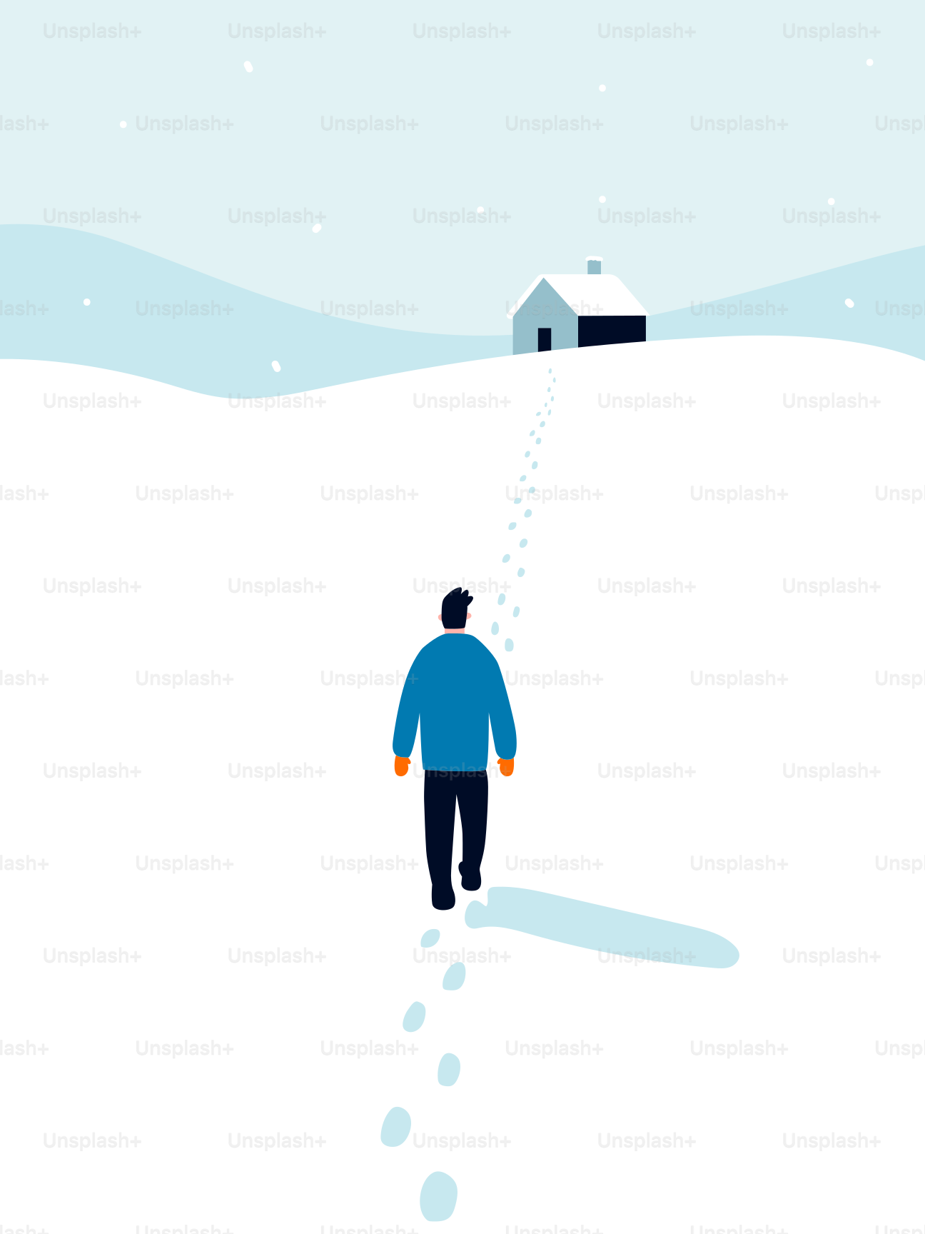 Man walks through snow towards a distant house.