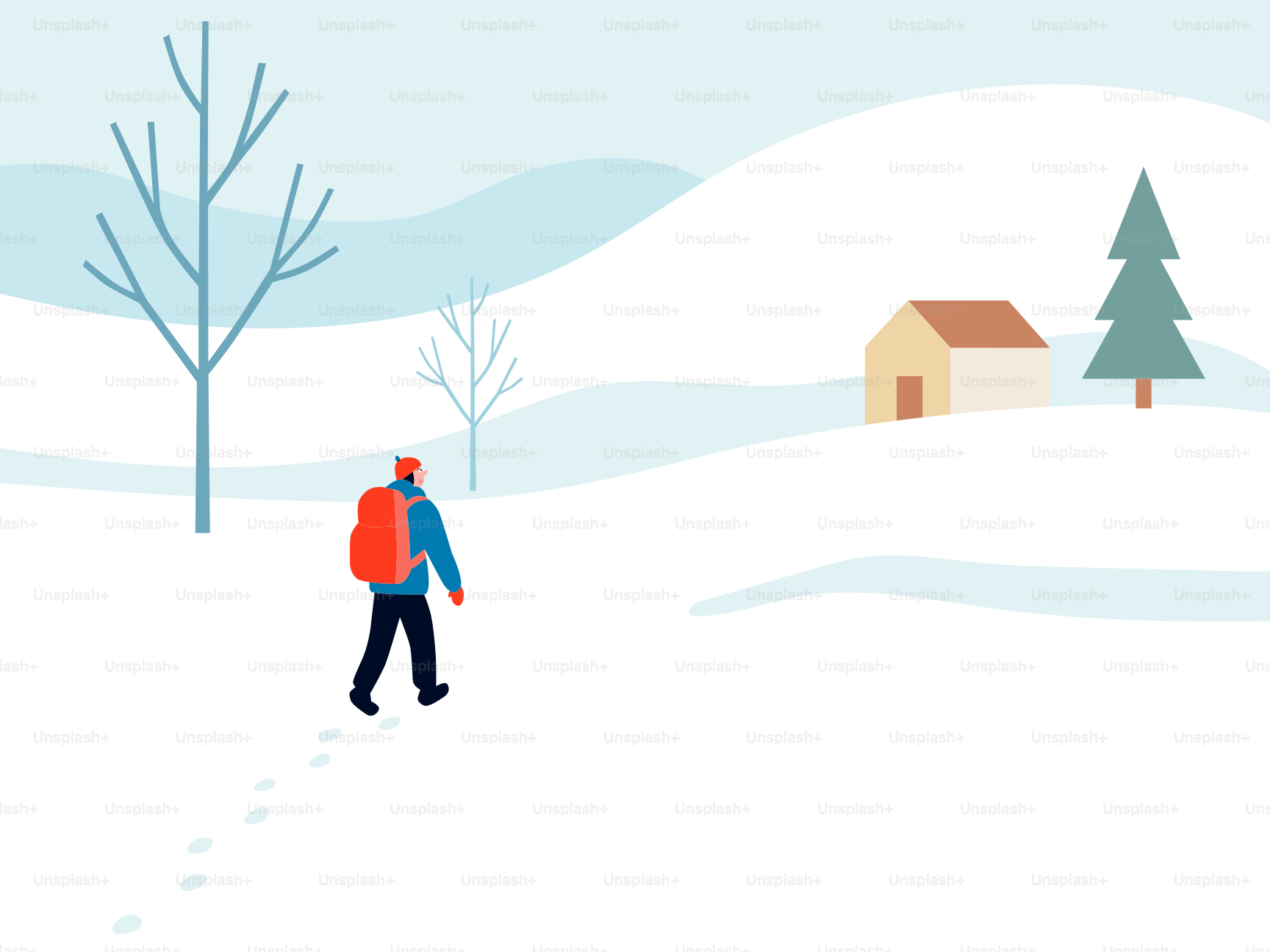 Hiker with backpack walking through snowy landscape towards cabin.