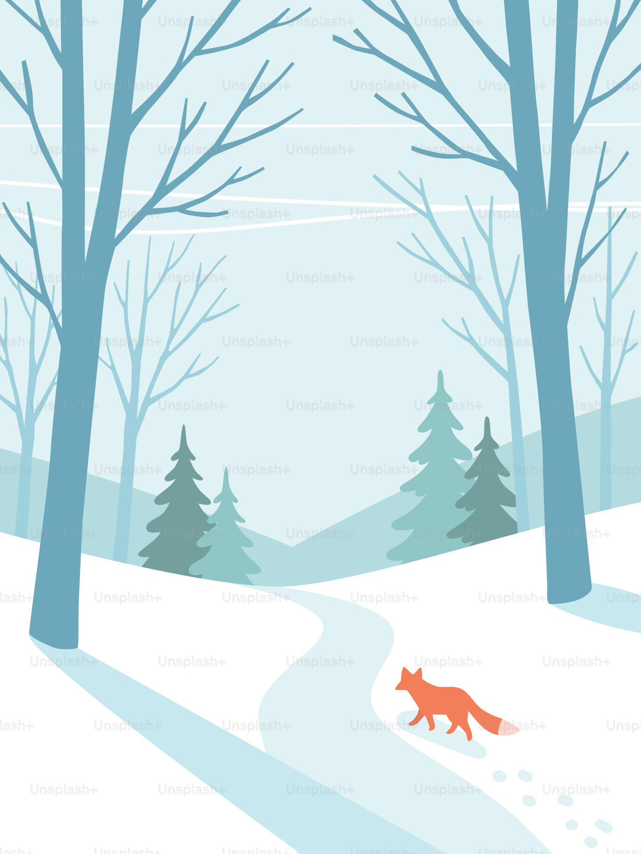A fox walks on a snowy path through trees.