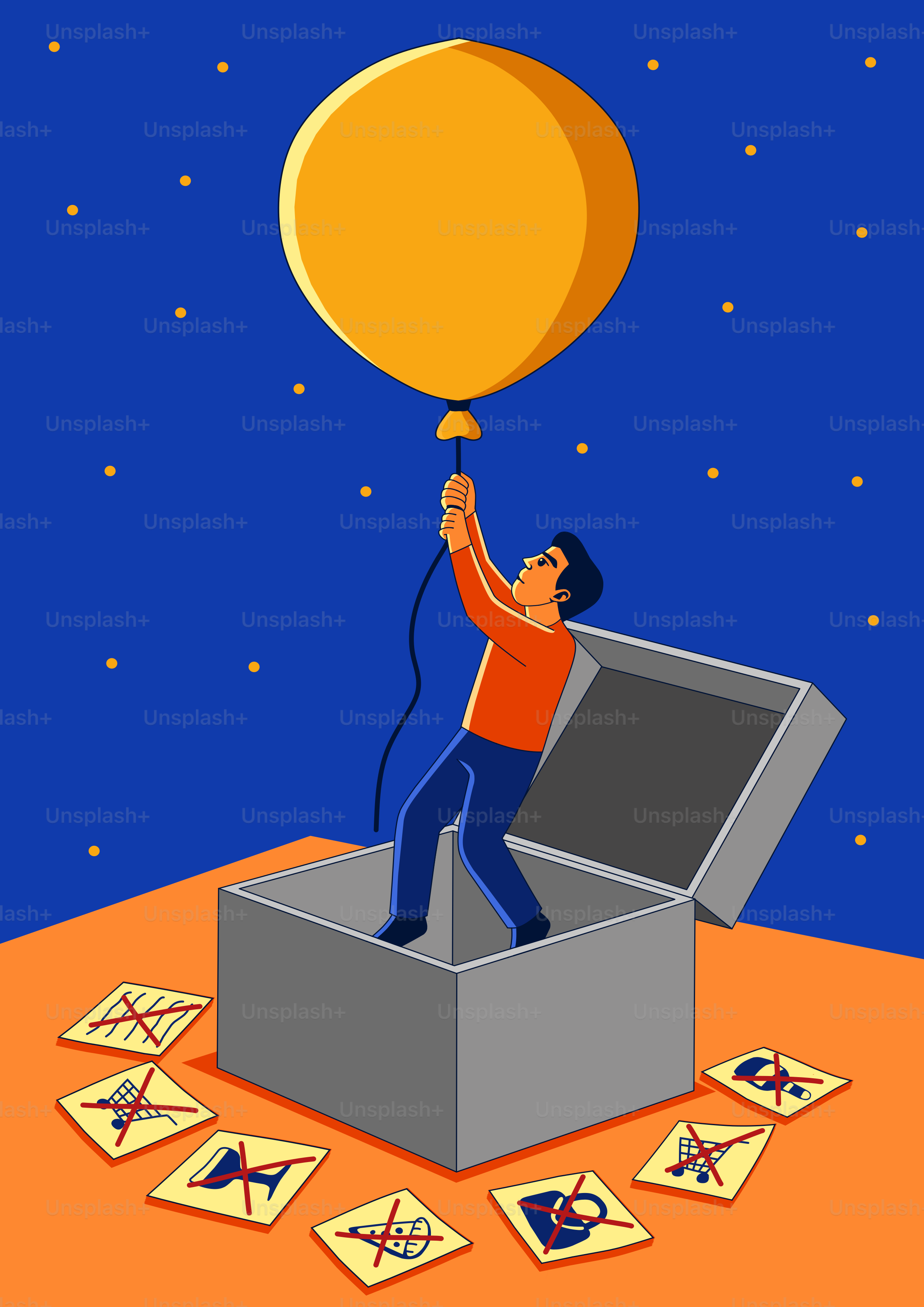 uomo che tiene il palloncino mentre si trova in una scatola aperta