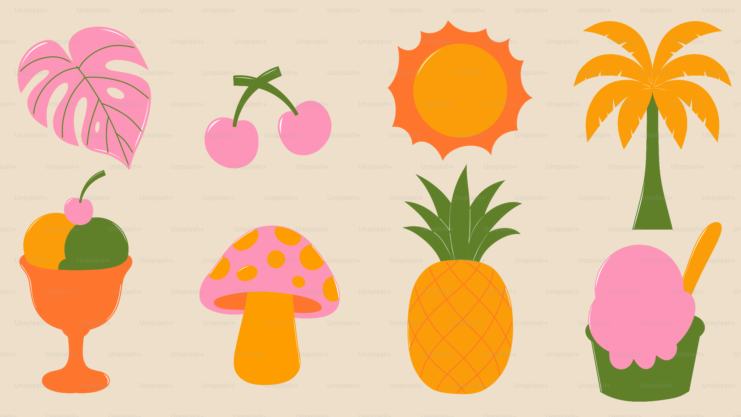 Summer icons including sun, palm tree, and ice cream.