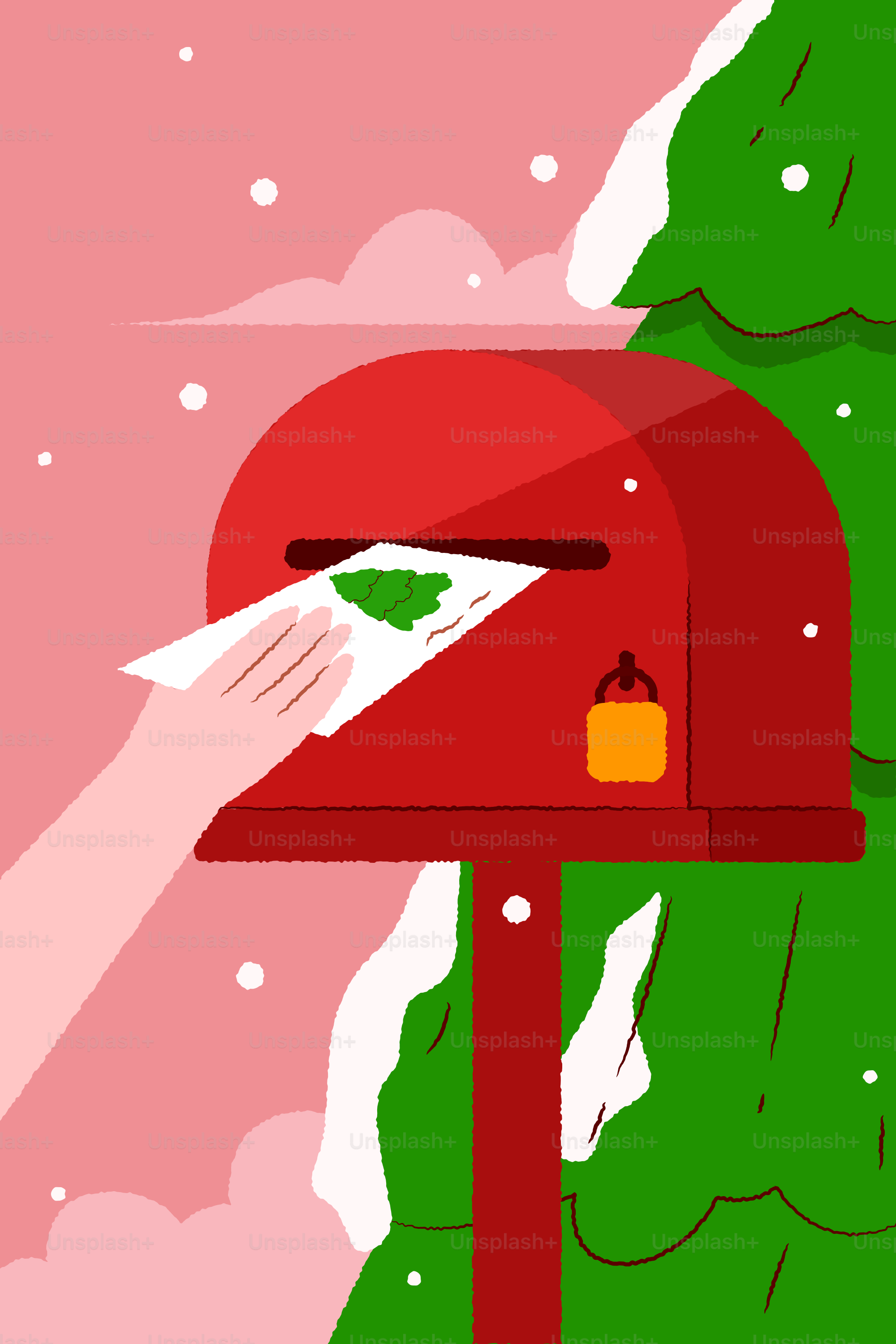 Er schickt einen Brief von Hand in einen roten Briefkasten im Schnee.