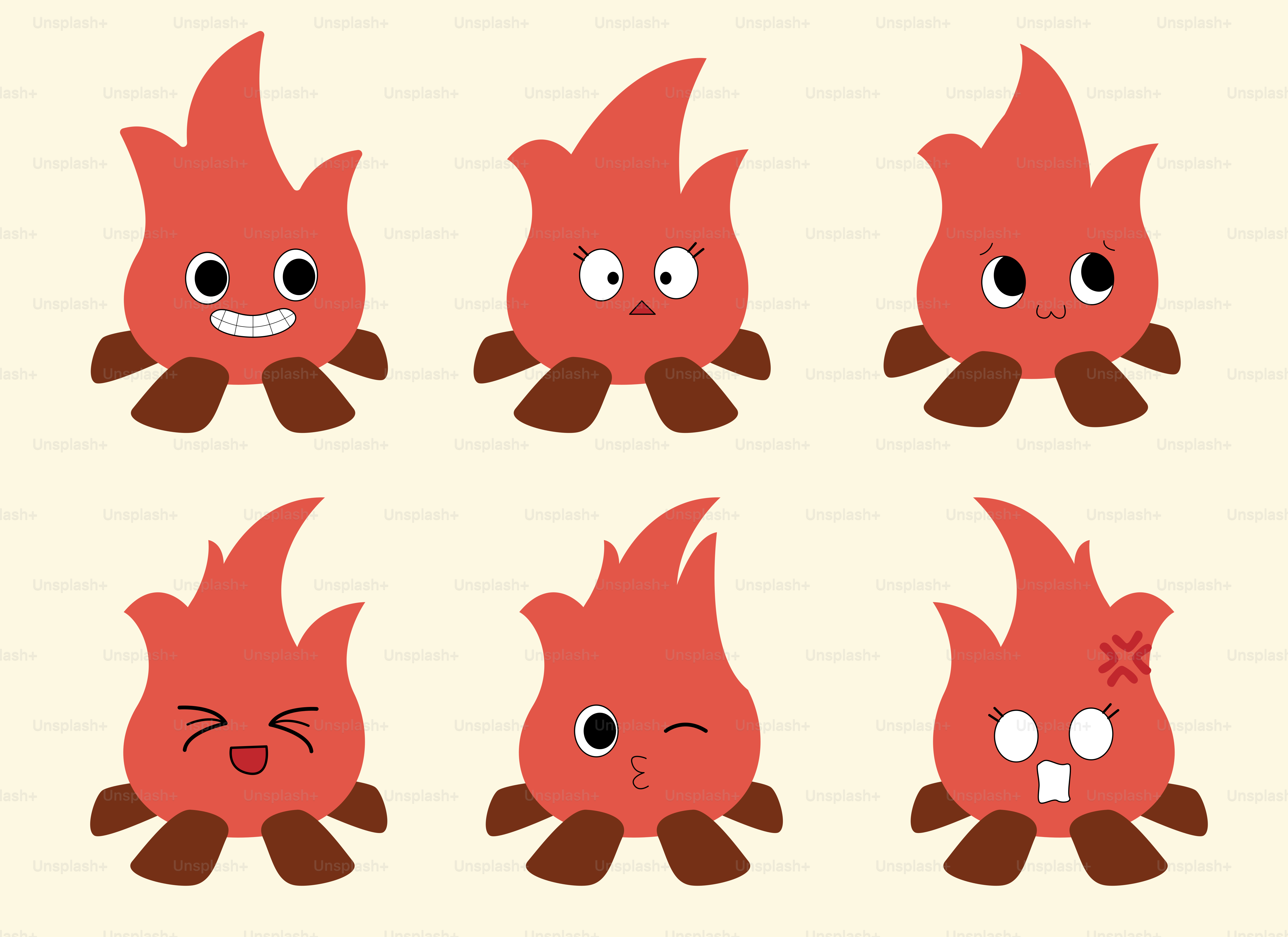 Six cartoon flames with different facial expressions