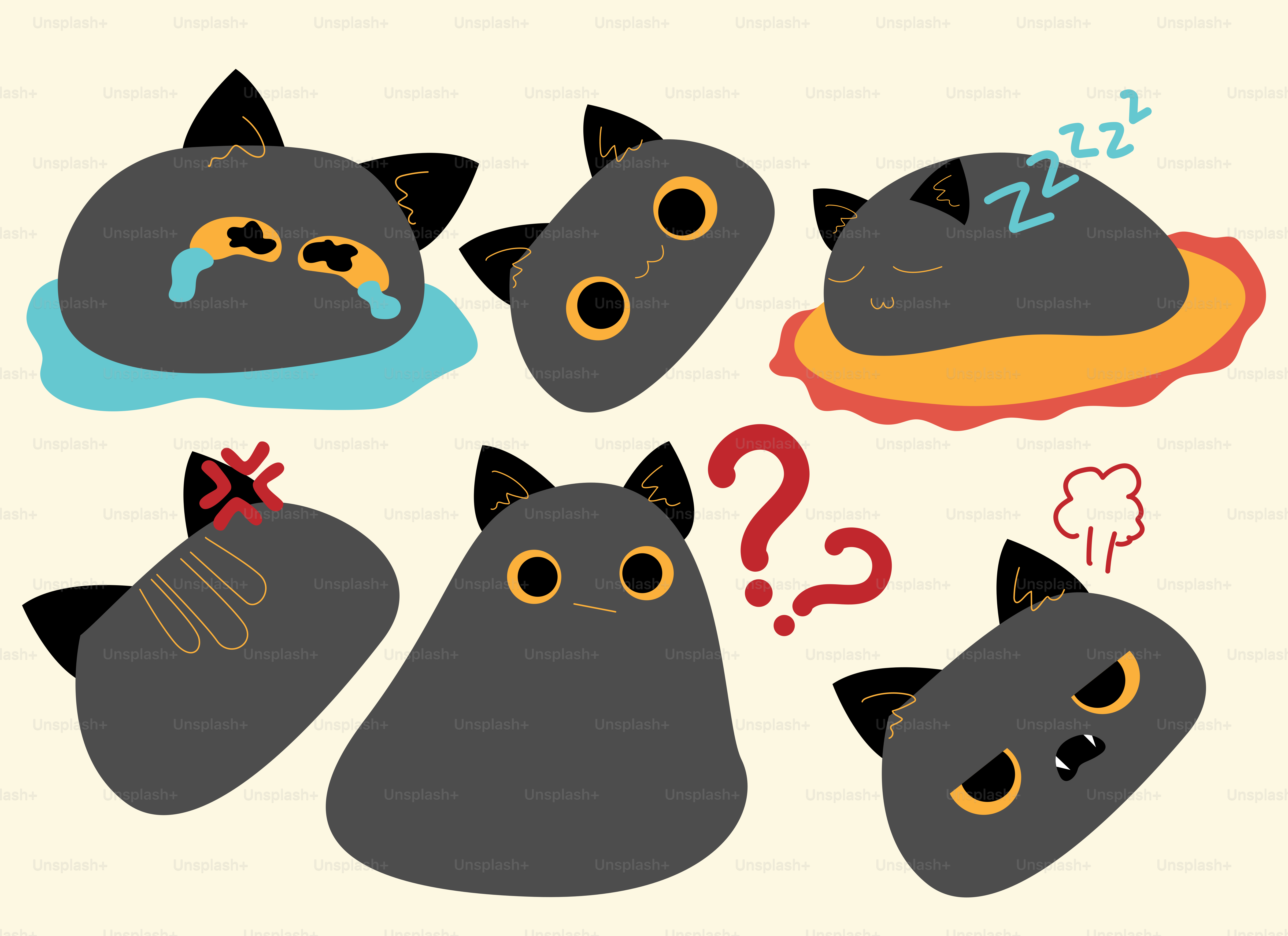Six cartoon cats showing different emotions and actions