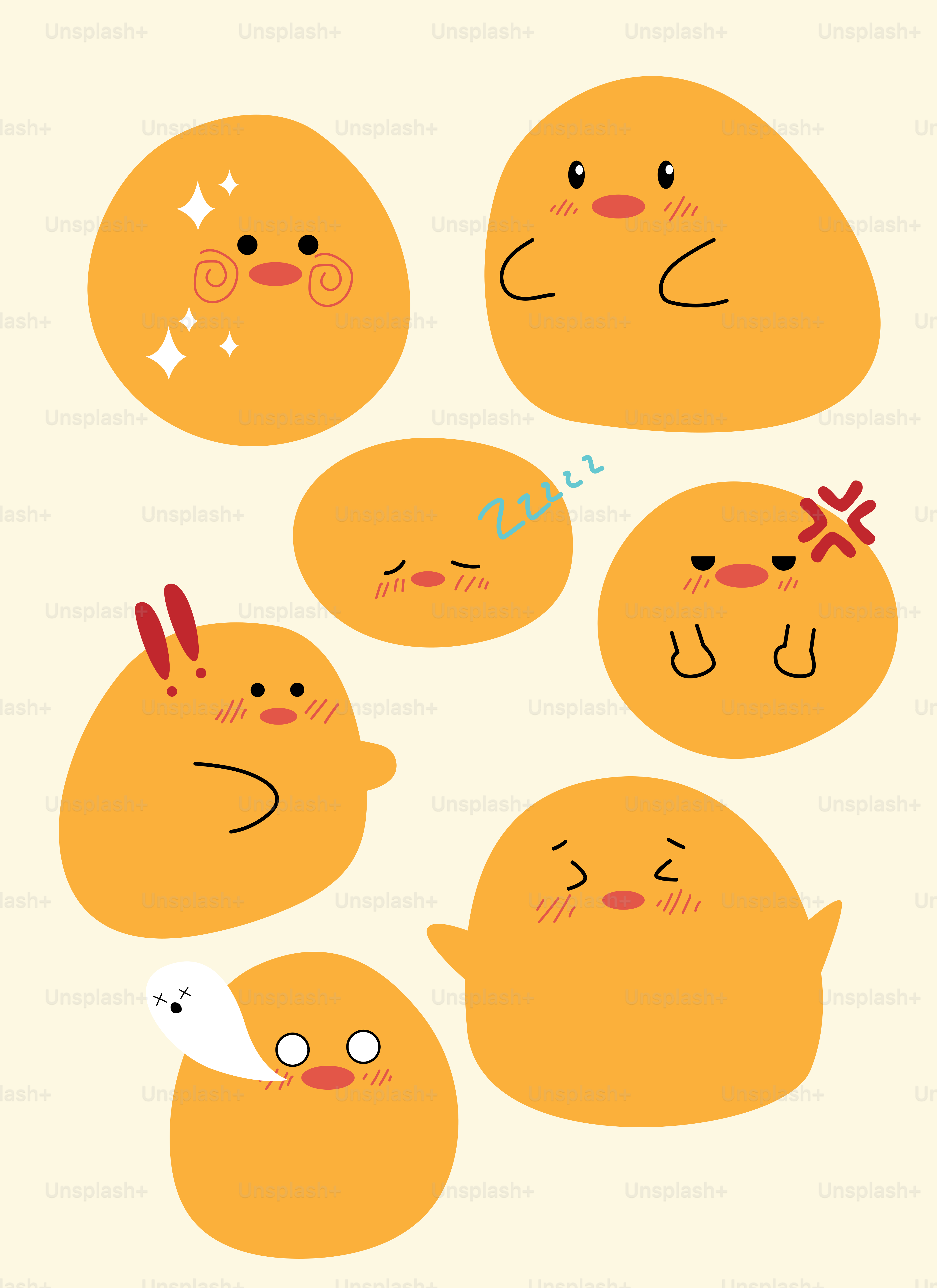 さまざまな感情を持つかわいいオレンジ色の塊状のキャラクターたち