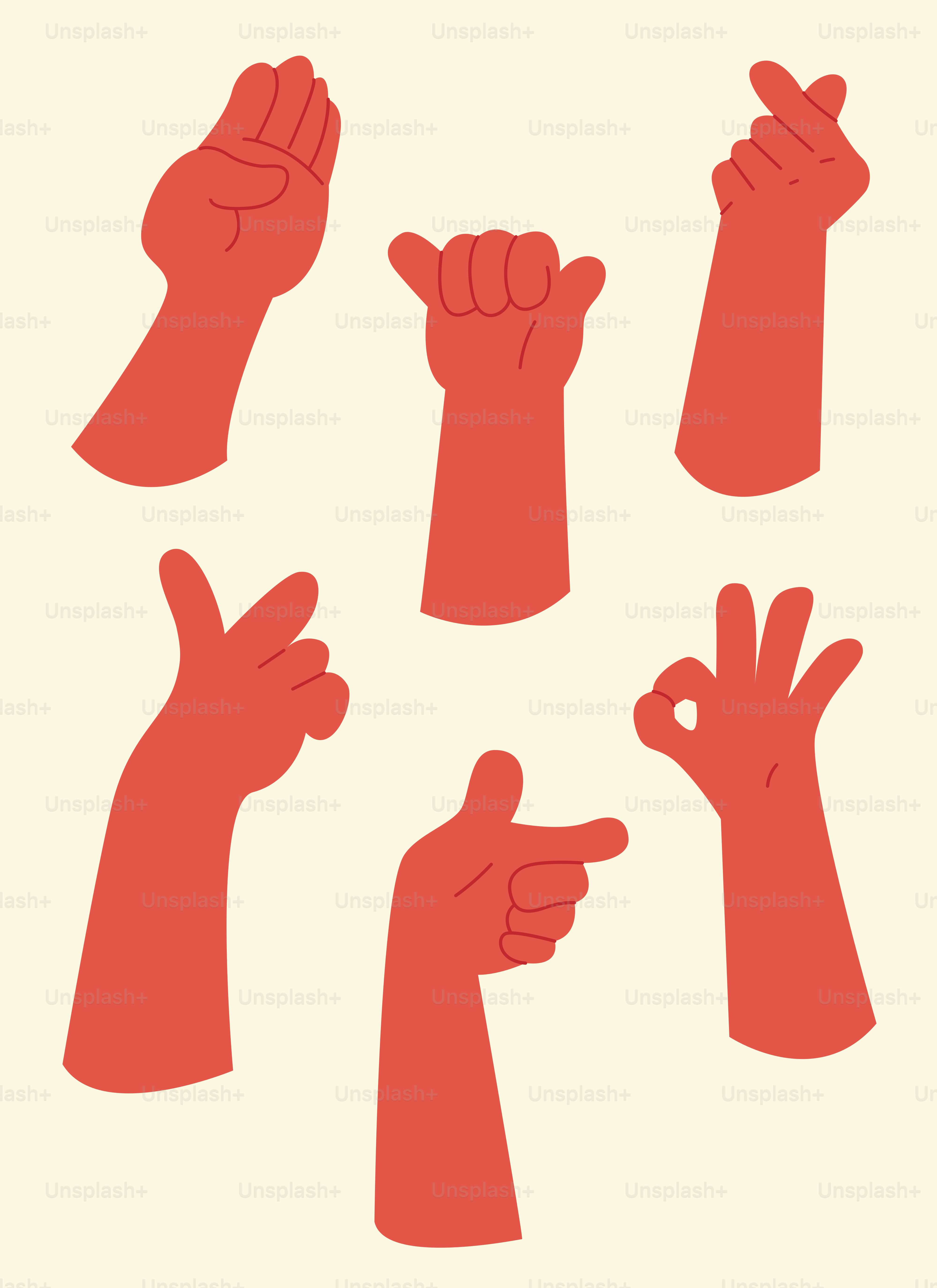 Collection of six red hands showing different gestures.