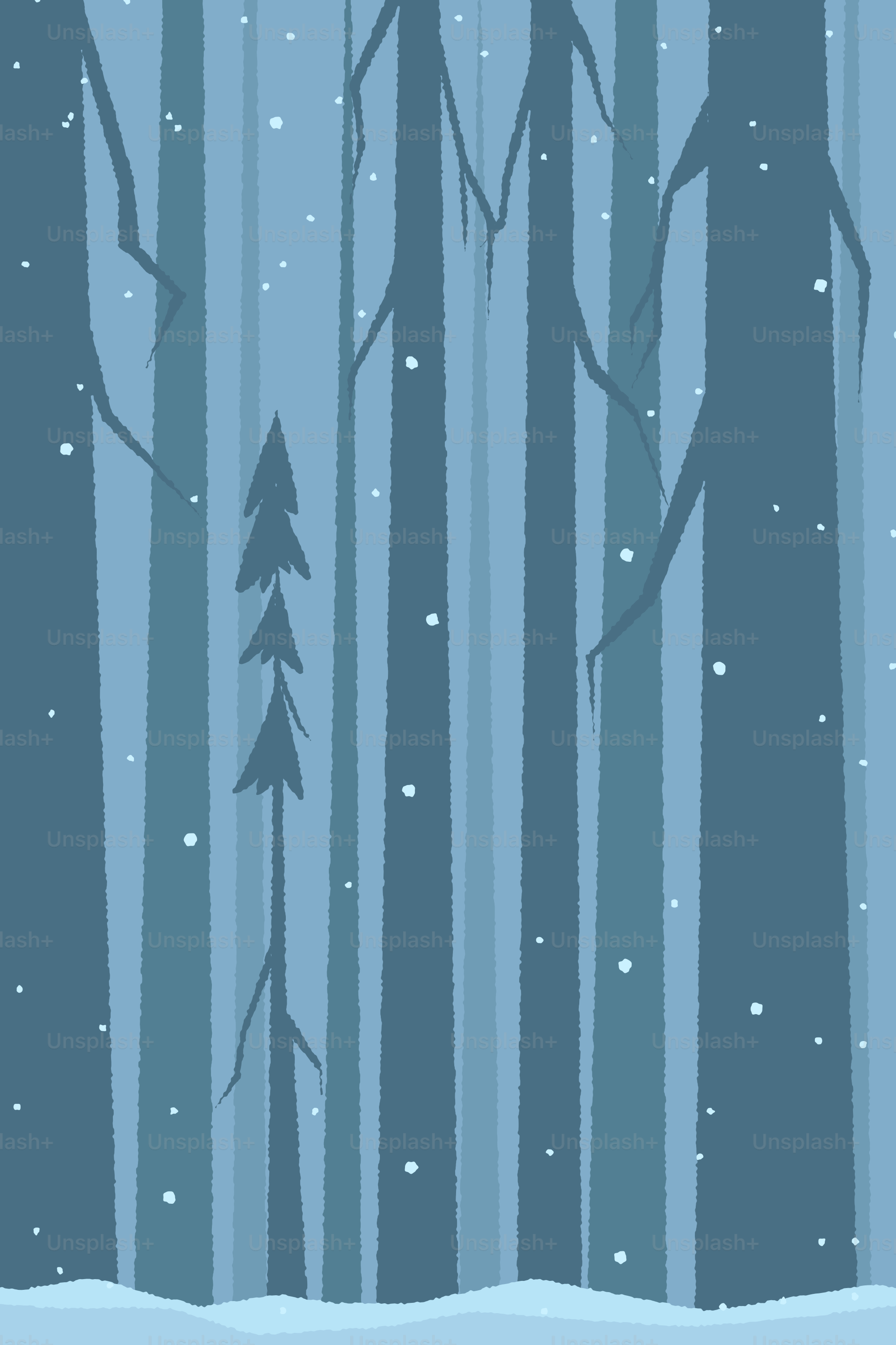 暗い青い森に雪が降り注ぐ。