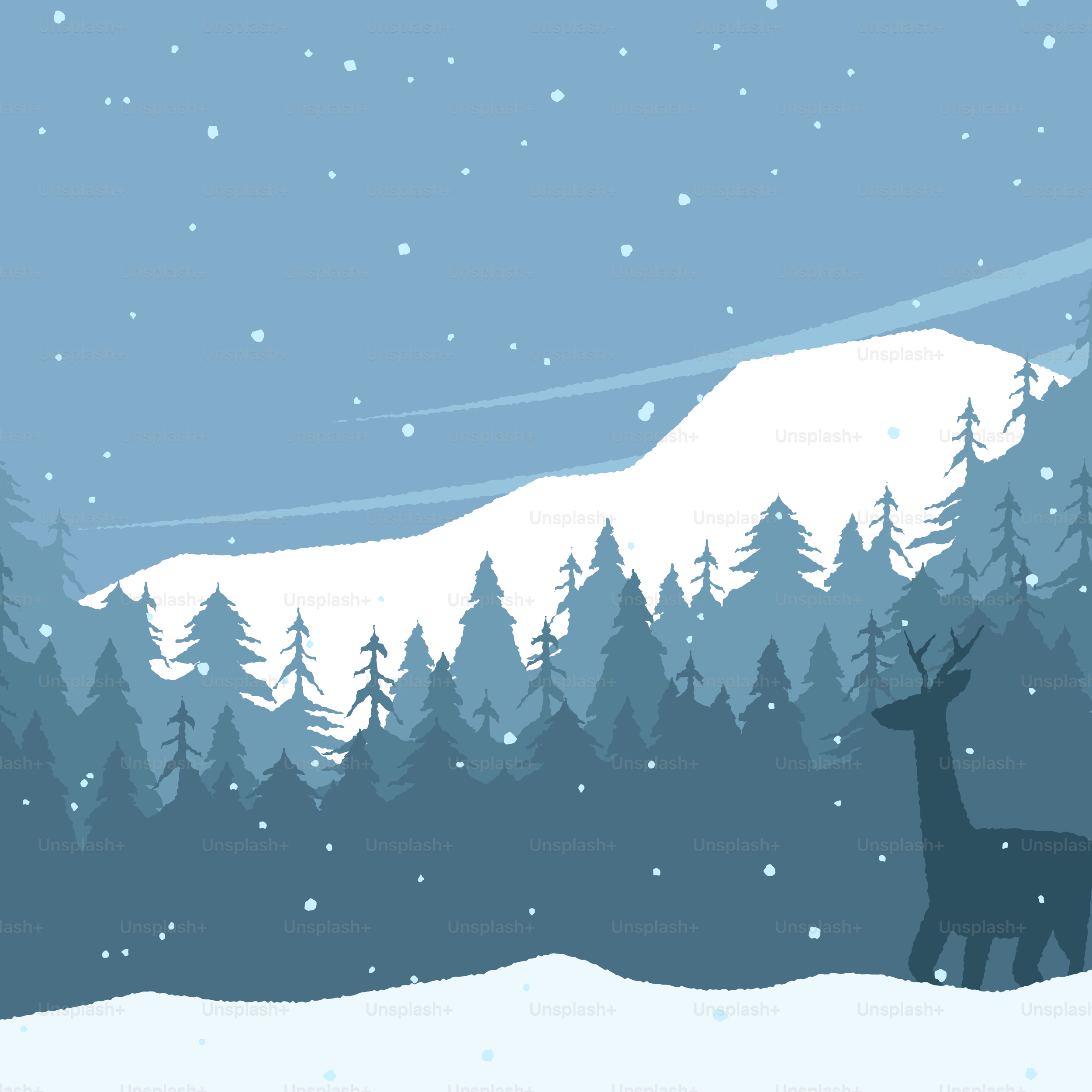 Deer in a snowy forest with mountains in background