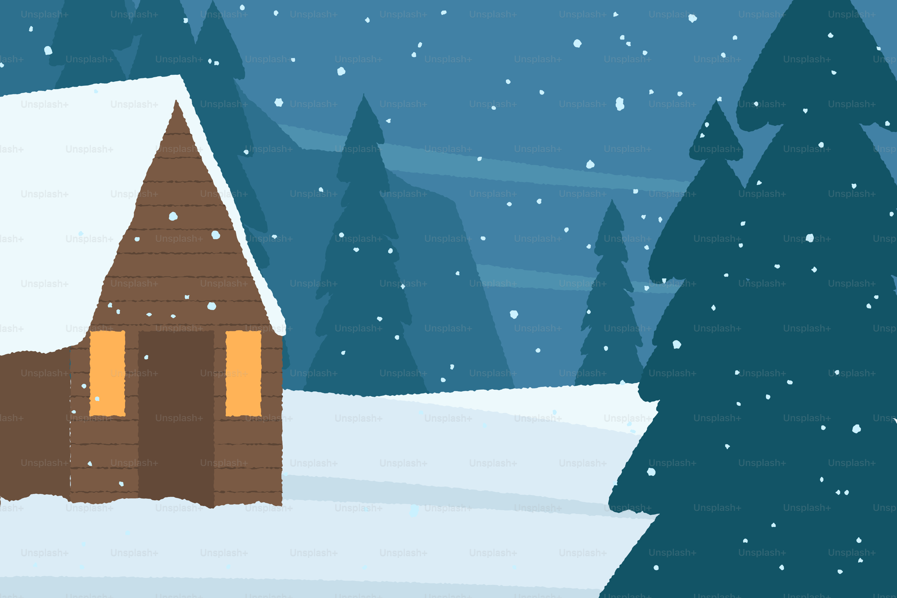 A cozy cabin in a snowy forest during snowfall.