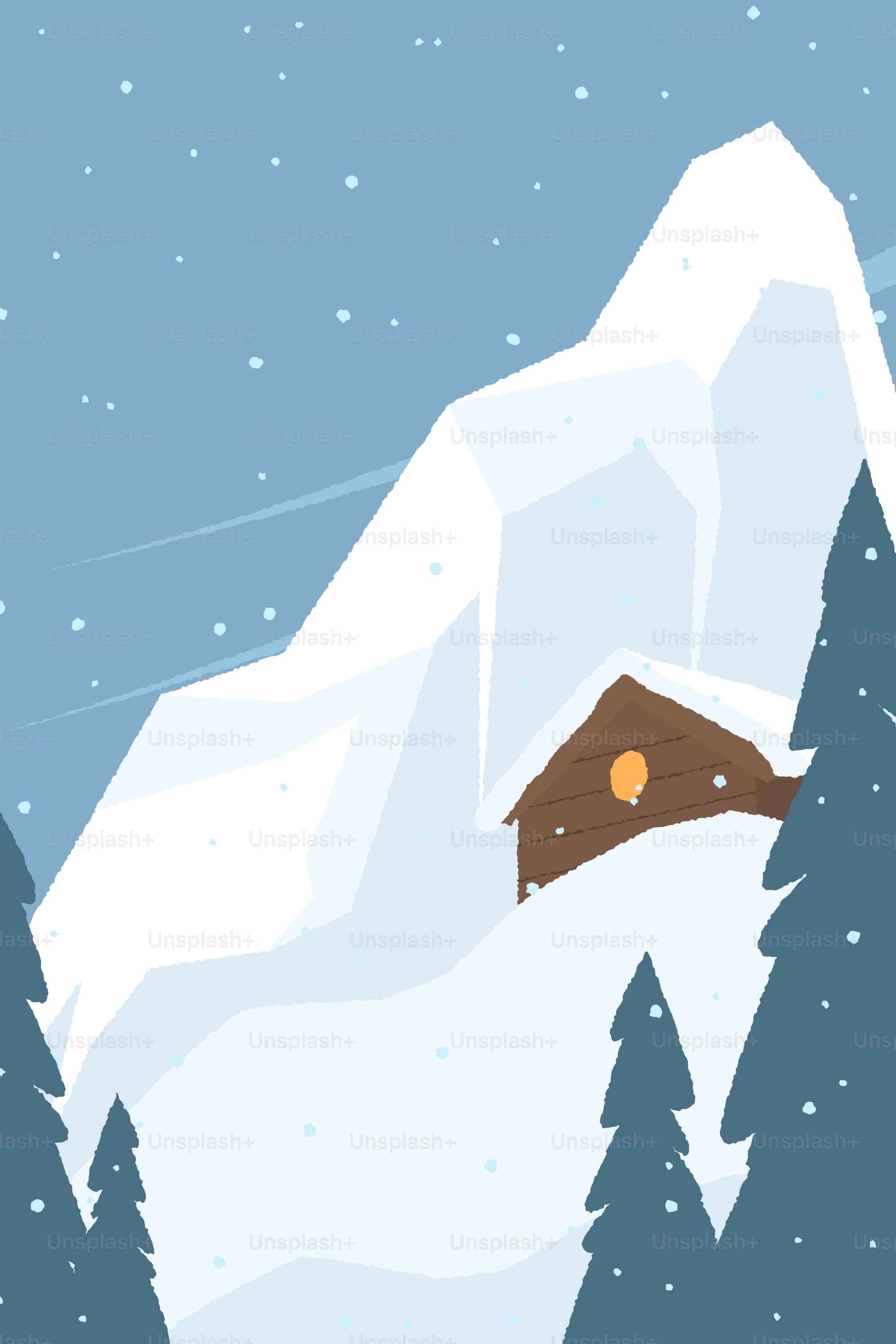 A cozy cabin nestled in a snowy mountain landscape.