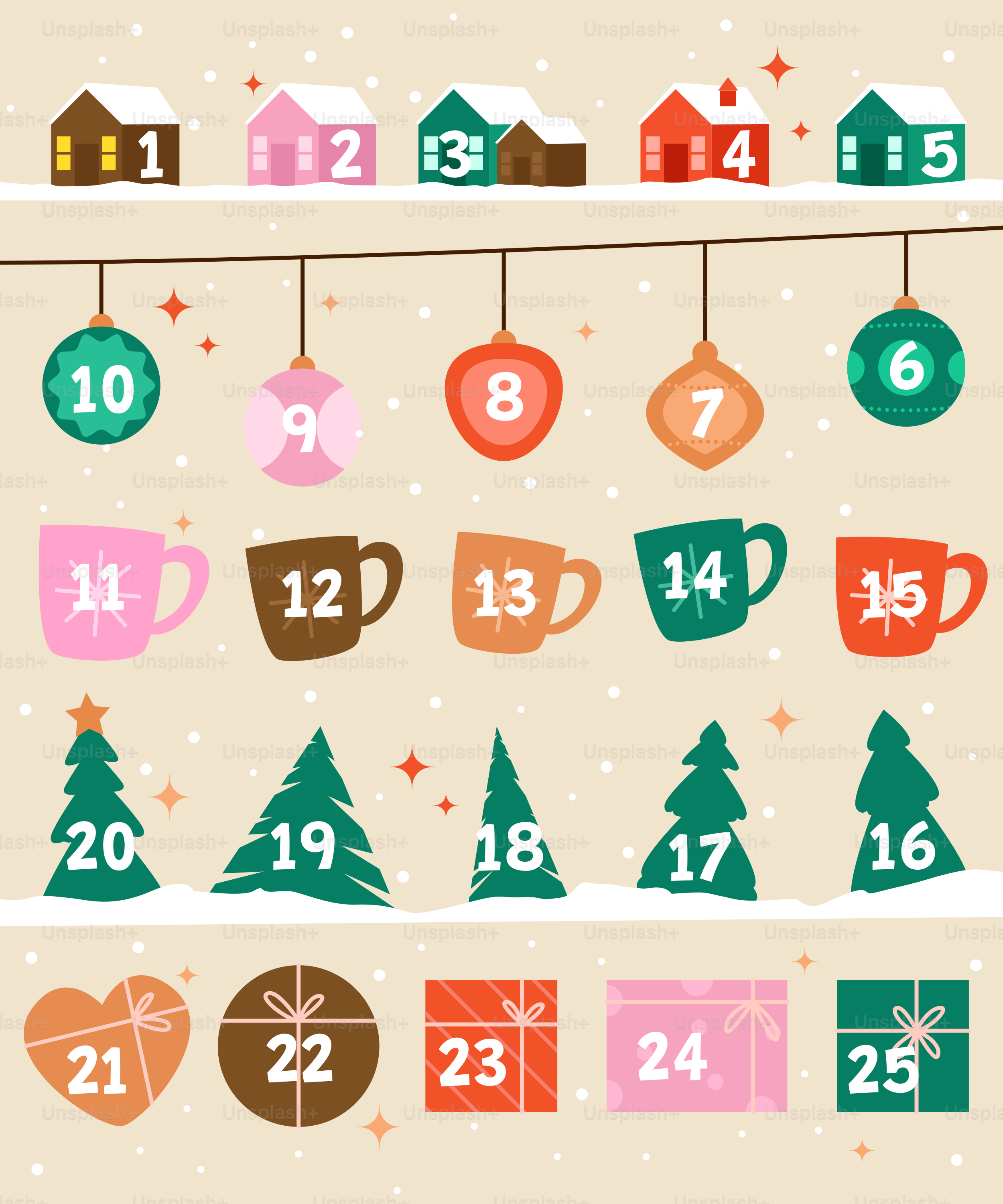Christmas advent calendar with numbered festive icons.