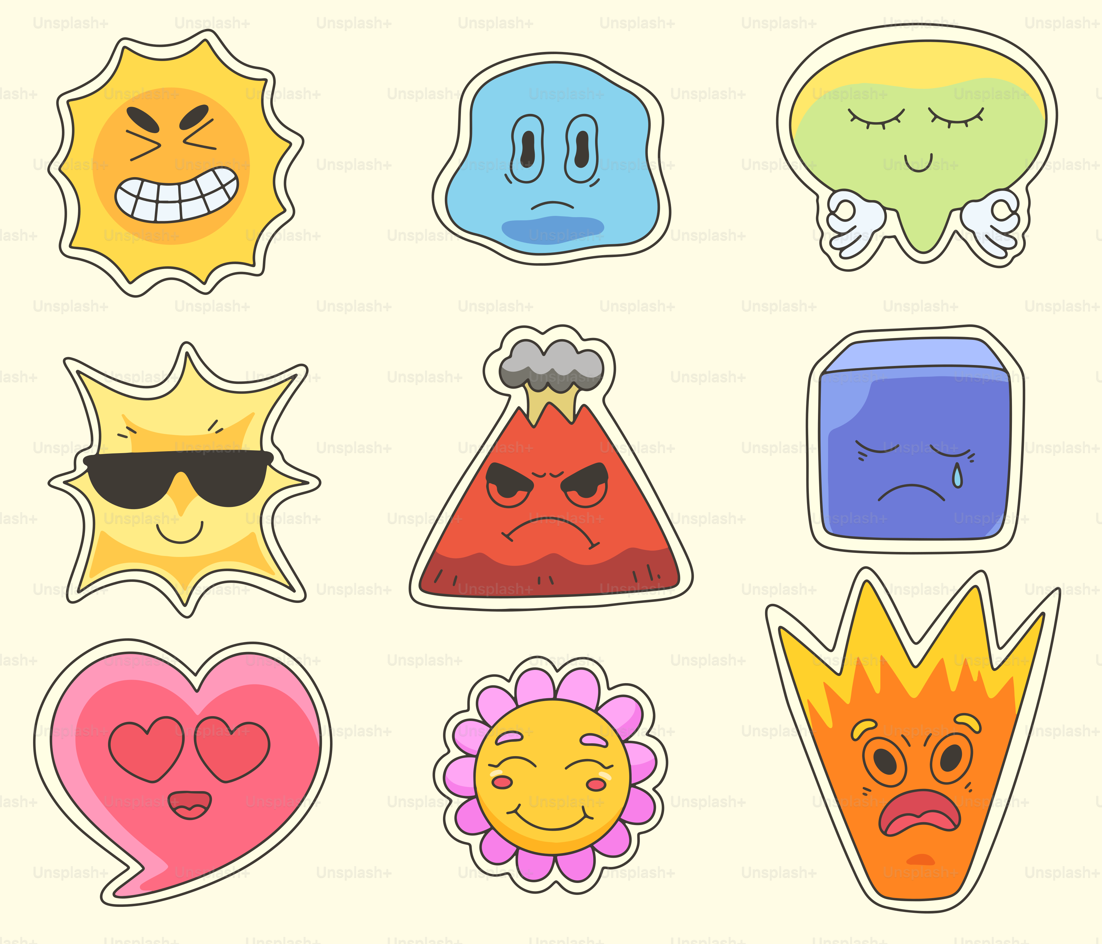 Collection of cartoon faces with various emotions and expressive emotions.