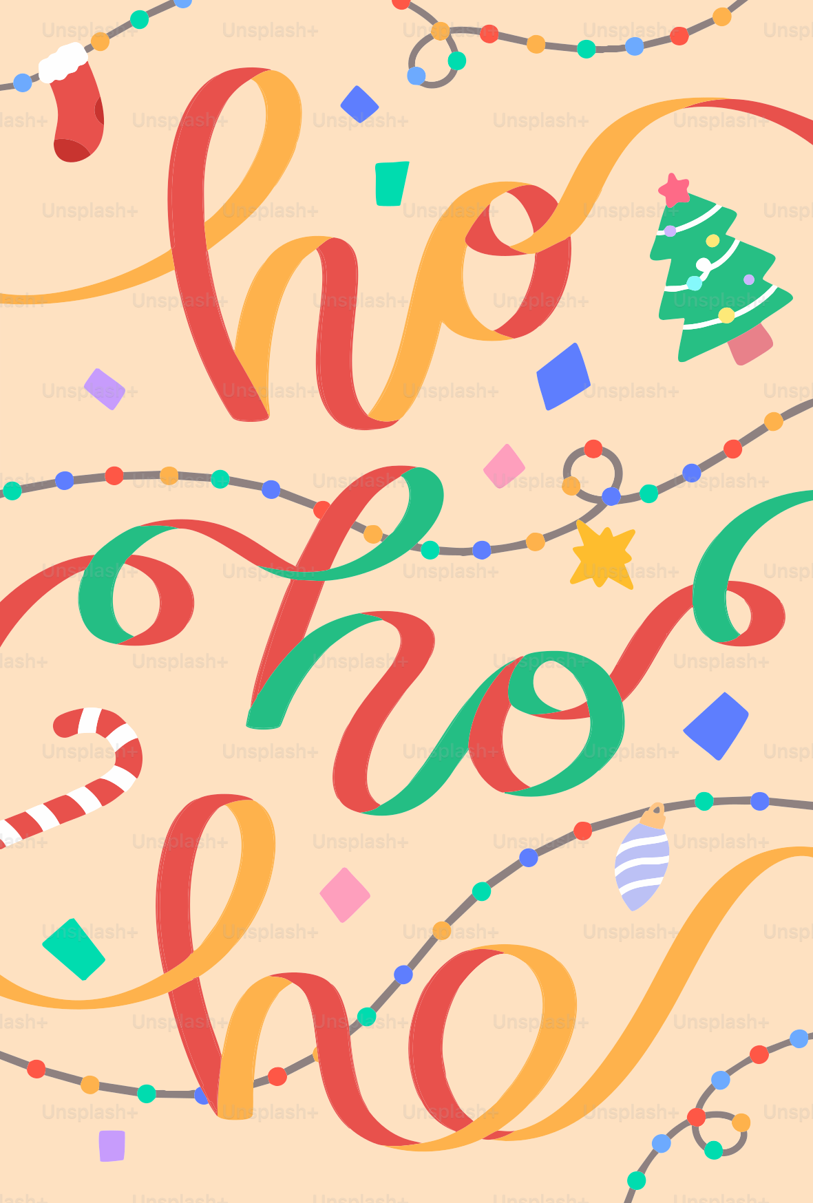Weihnachtslichter und ein Band mit dem Text "ho ho ho"