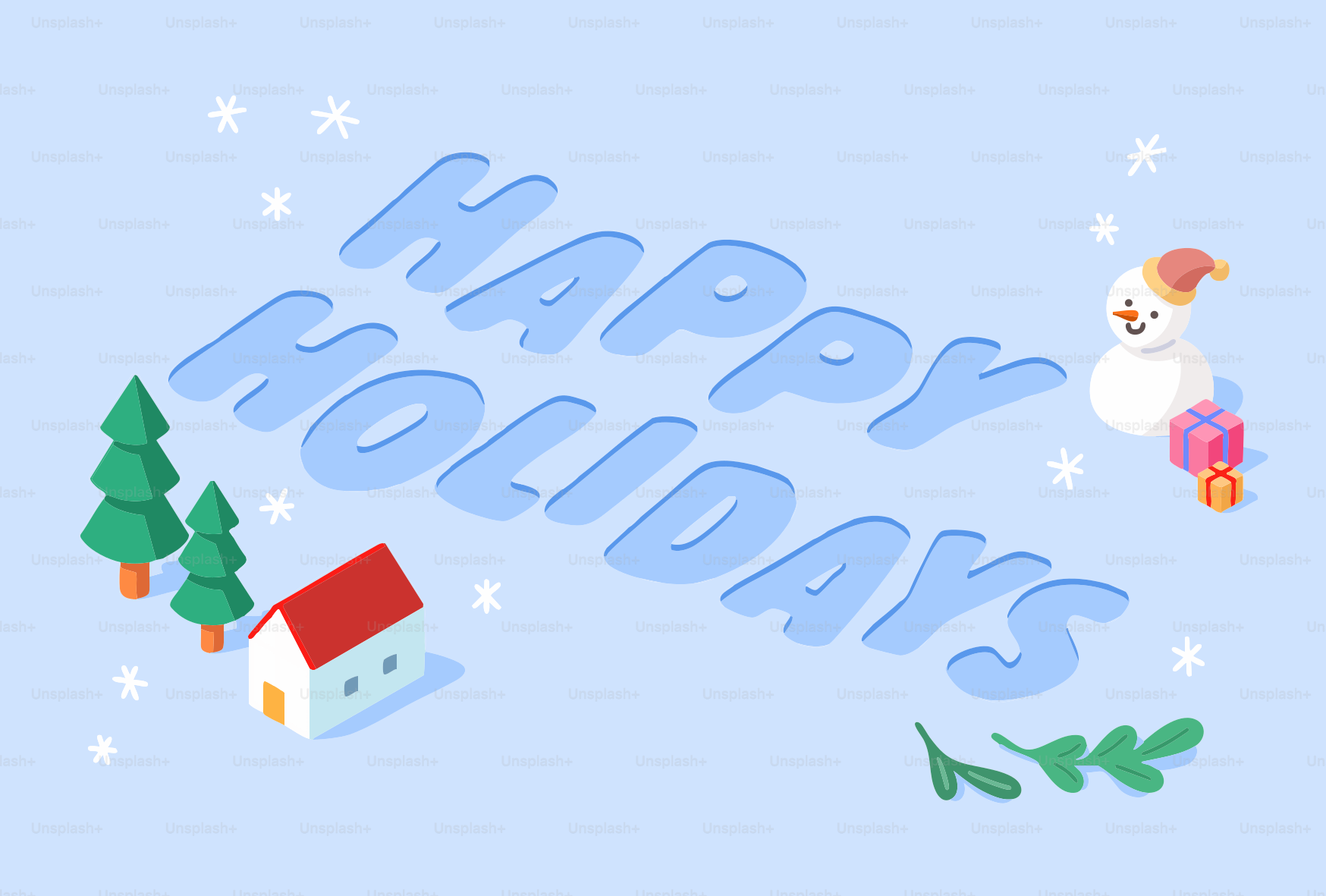 Happy holidays with snowman and trees