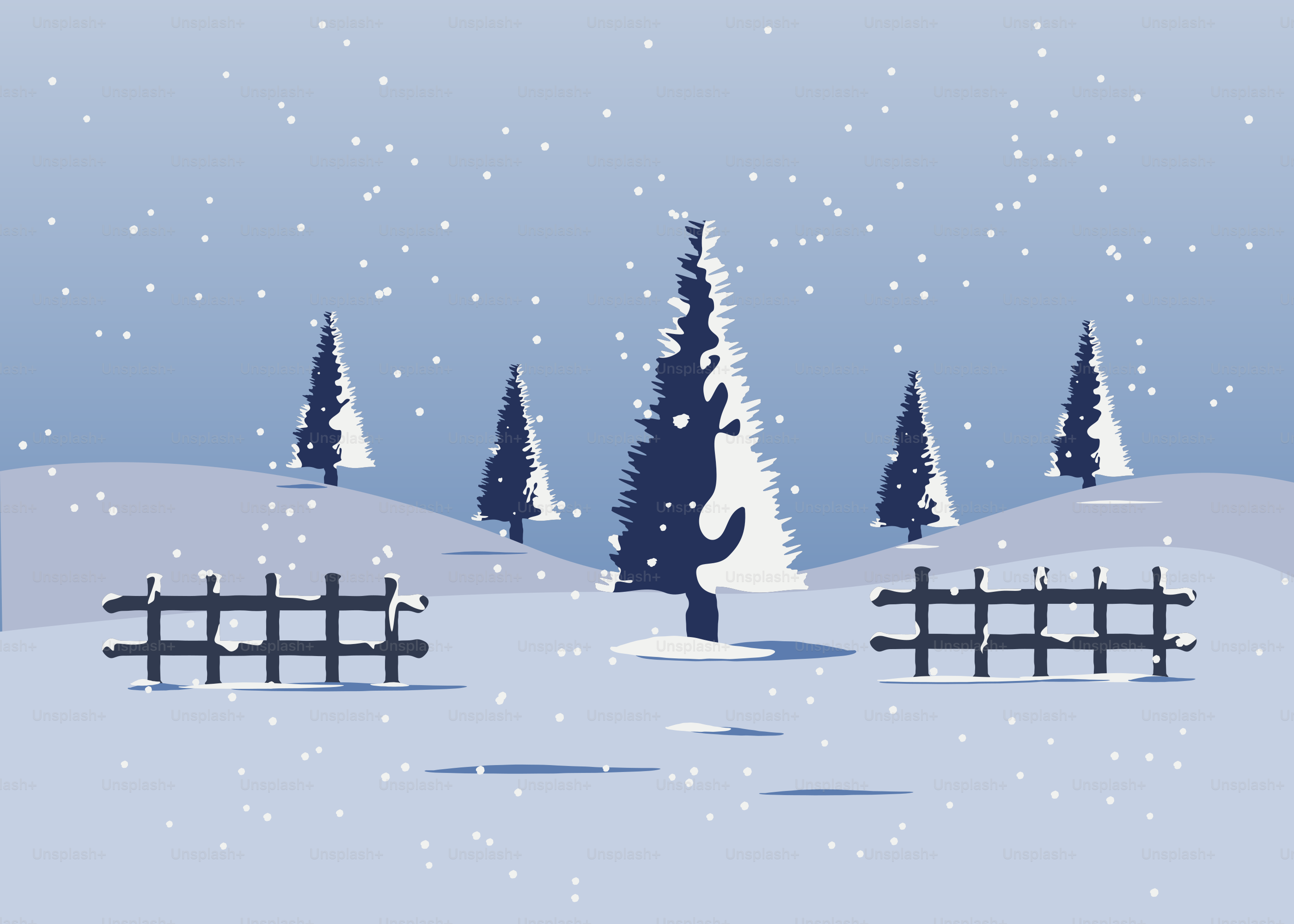 Snowy landscape with trees and fences