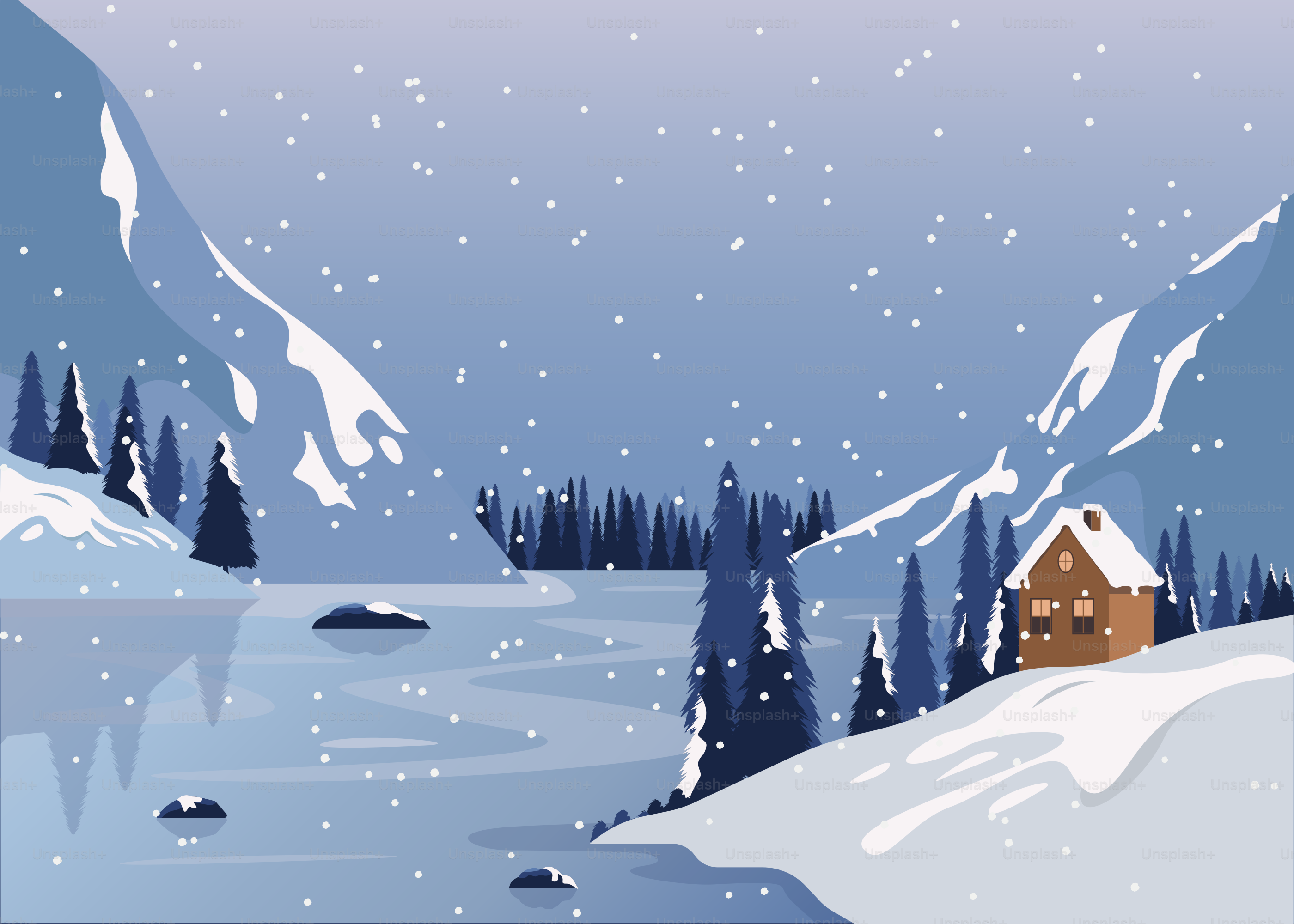 Cabane enneigée près d’un lac gelé dans les montagnes.
