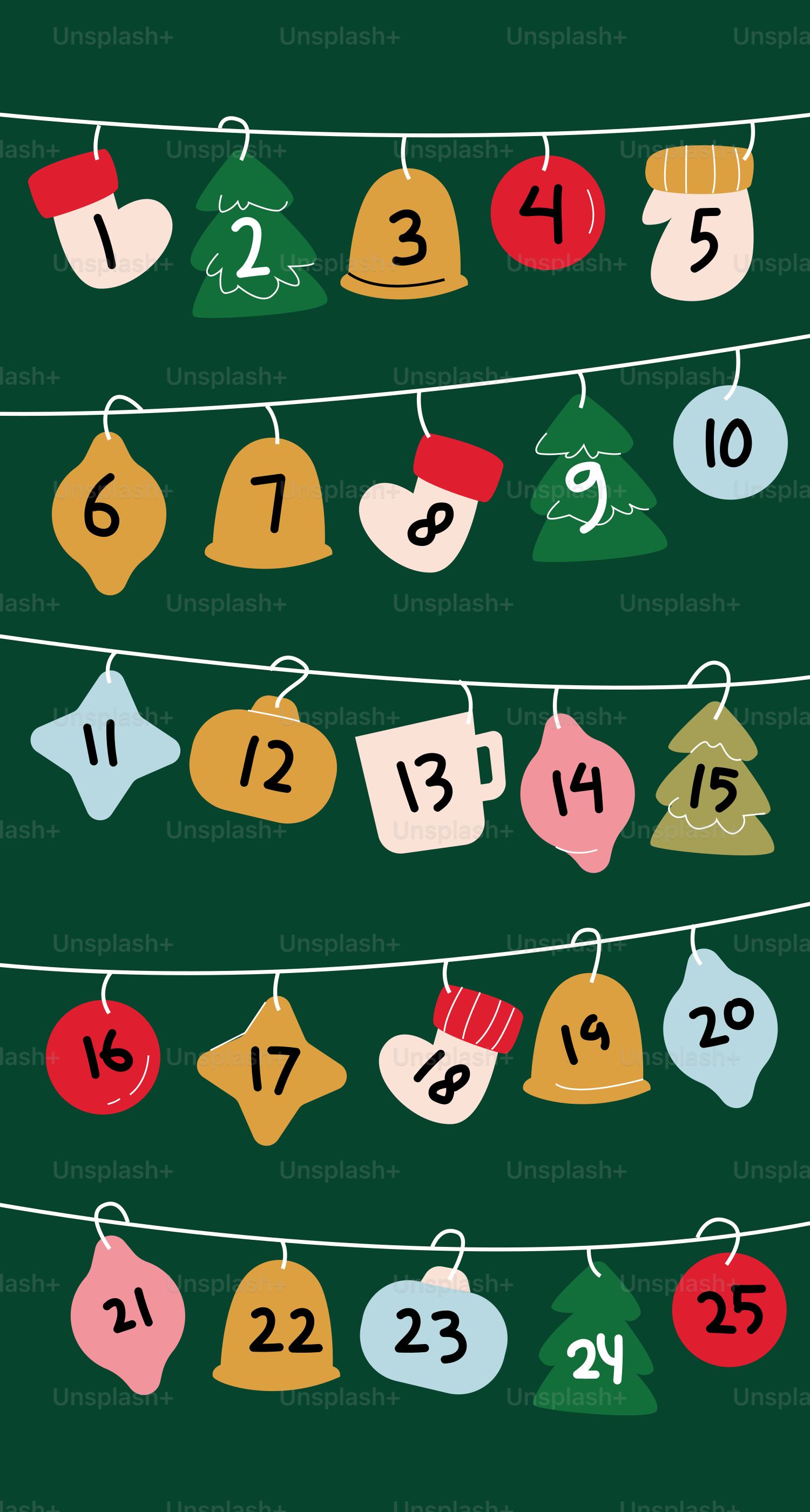 Christmas advent calendar with numbered ornaments hanging ornaments