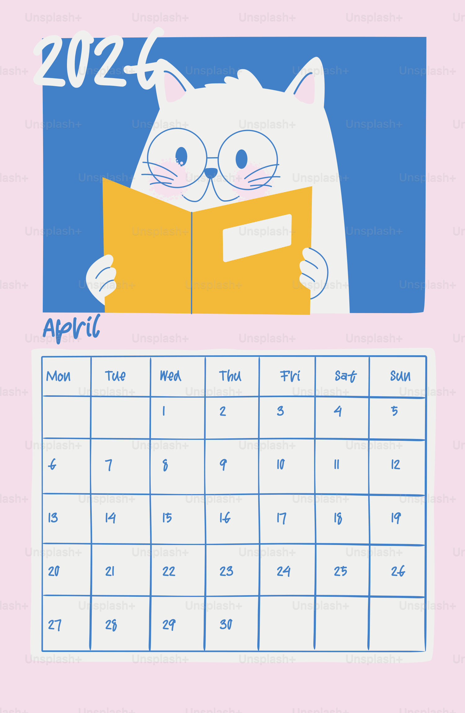 A cartoon cat wearing glasses reads a book.