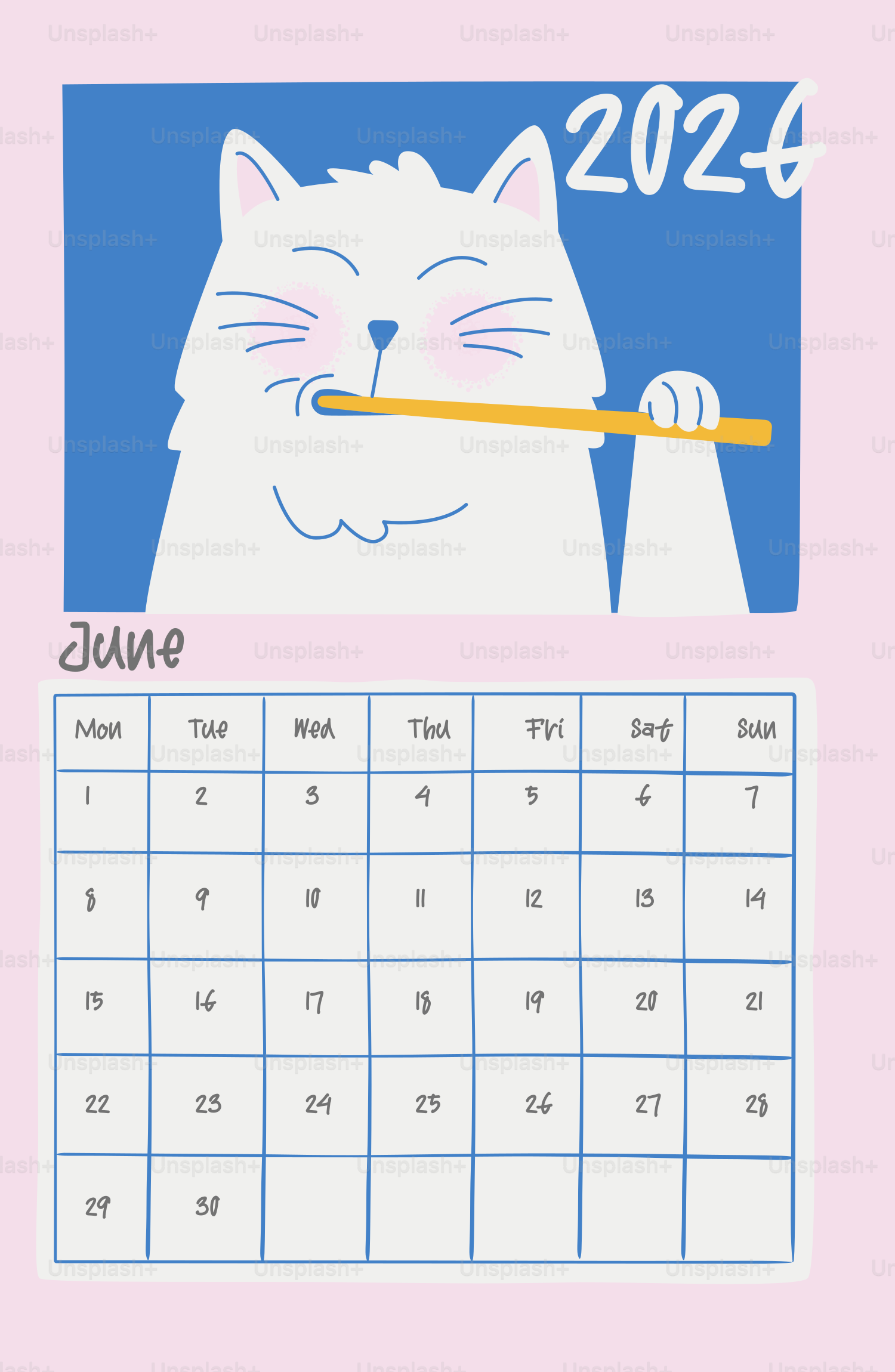 A cute cat brushes its teeth on a calendar.