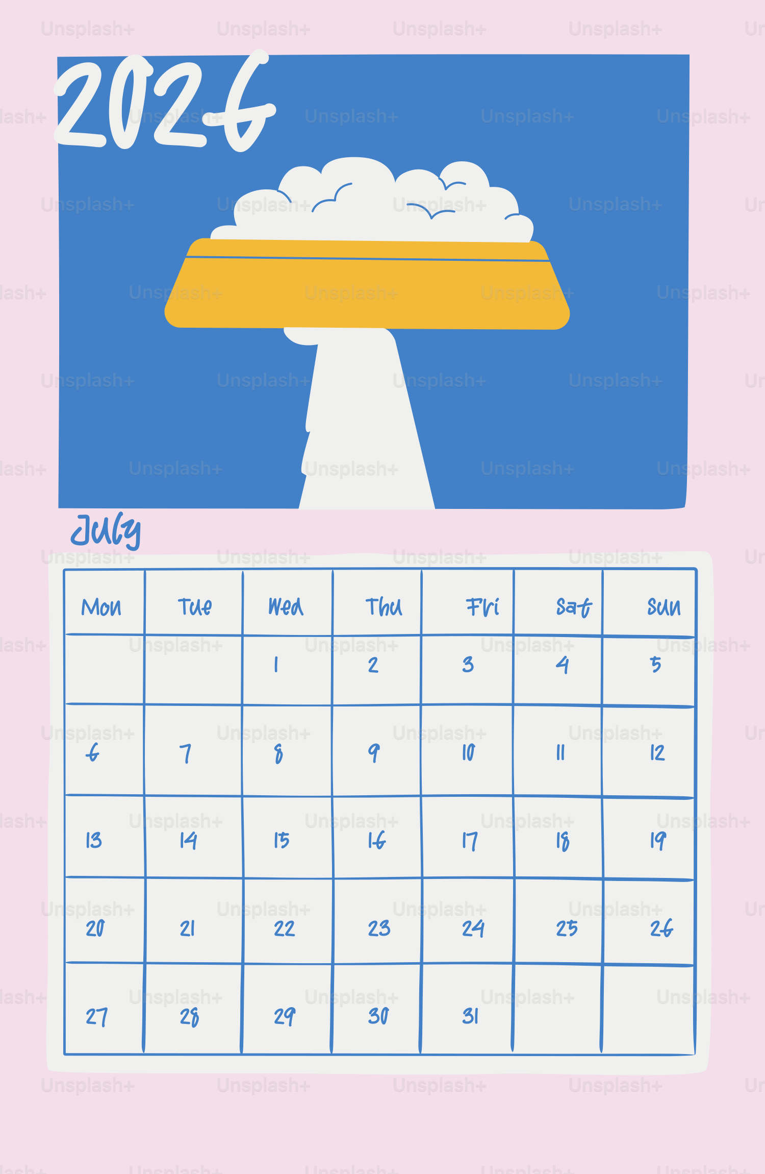July 2026 calendar with a dog bowl illustration