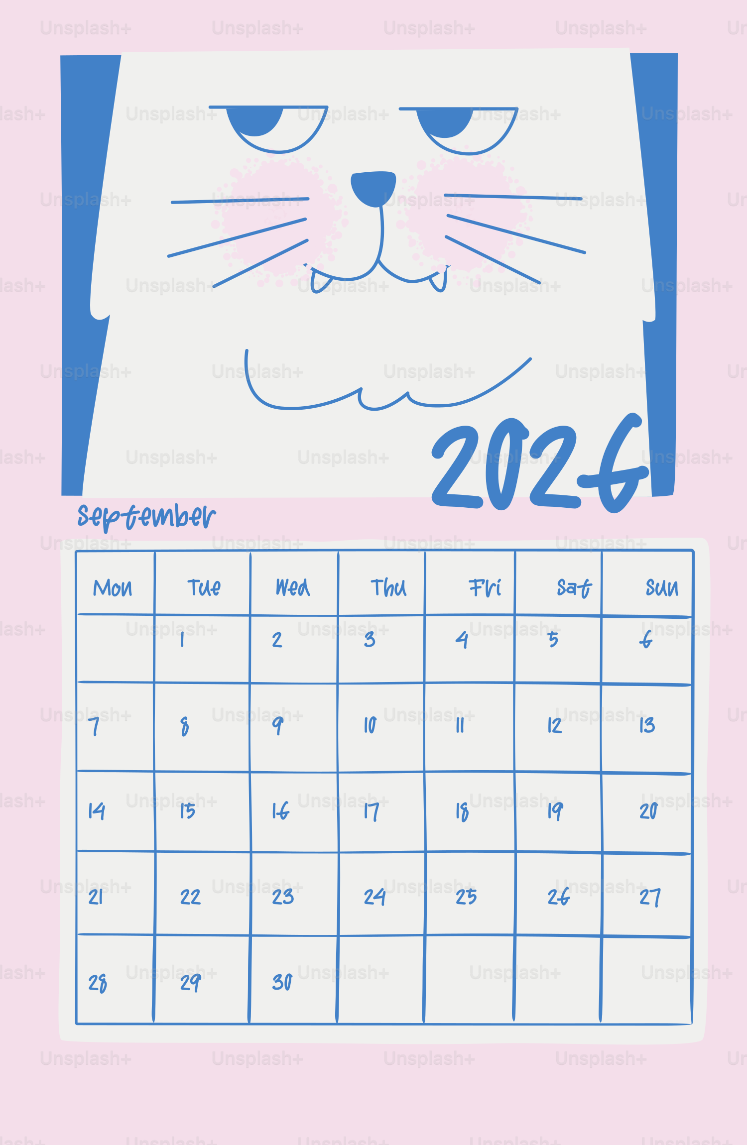 September 2026 calendar with grumpy cat illustration vector – Autumn ...