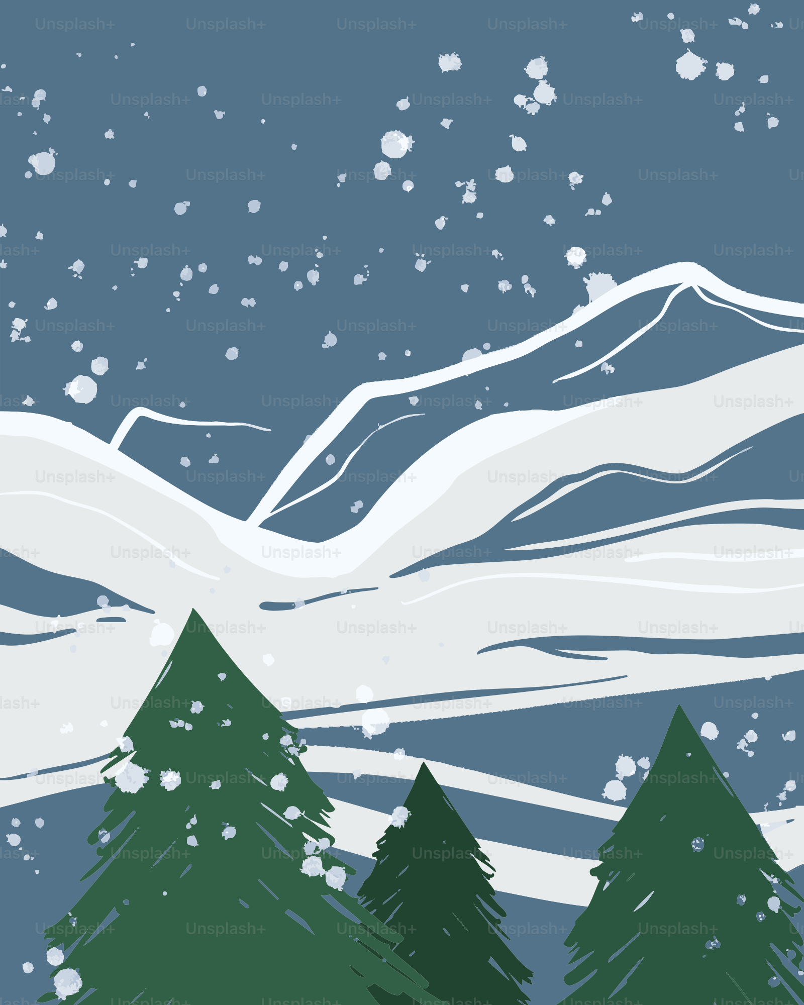 常緑樹と降る雪の山々。