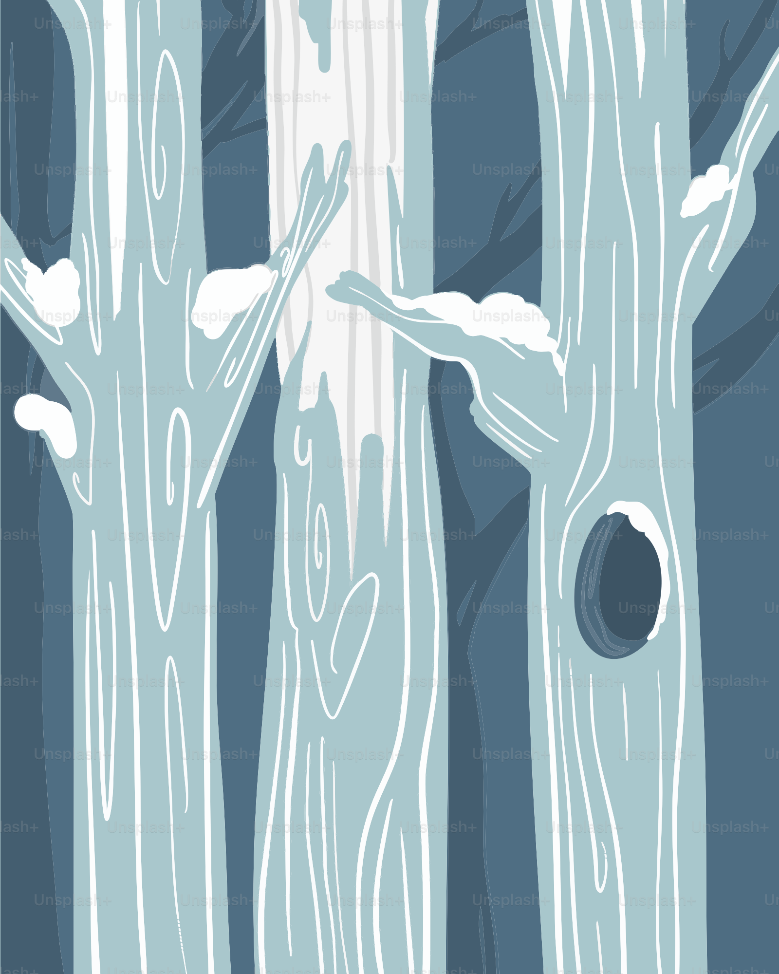 Snowy trees with a hollow in one trunk