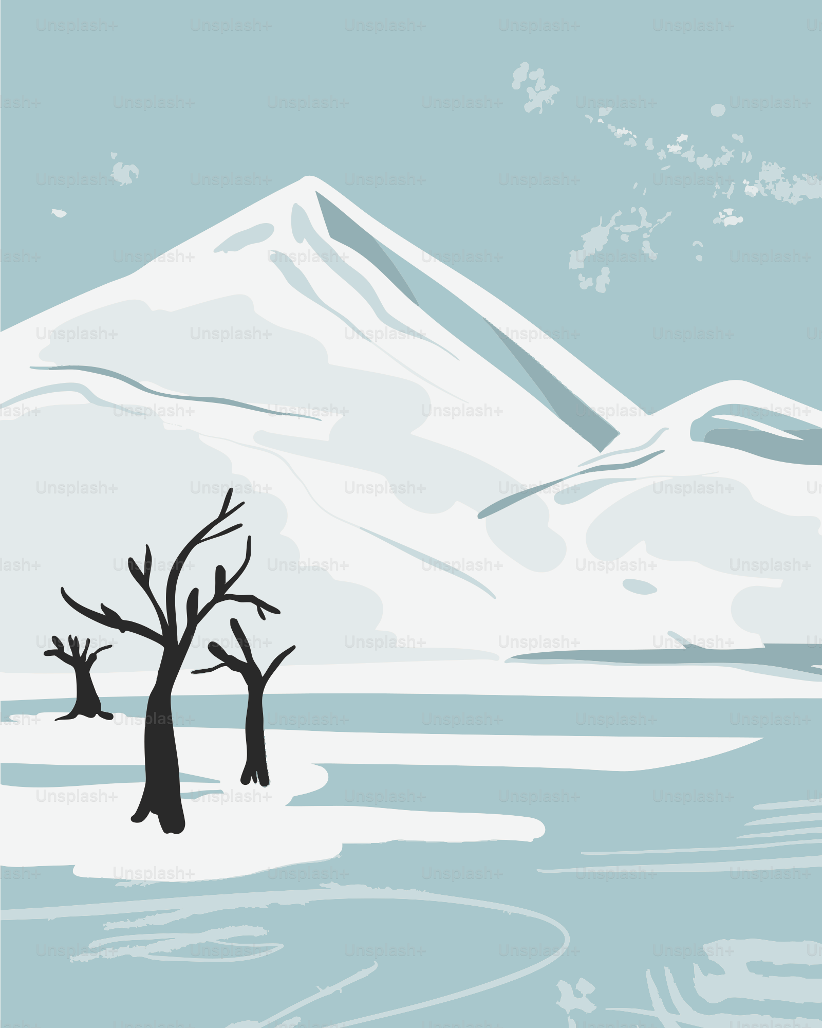 Snowy mountain landscape with bare trees by frozen lake. vector ...