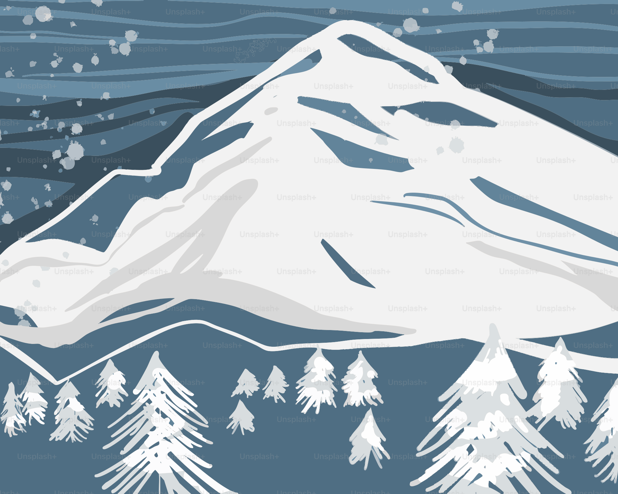 Snowy mountain peak with pine trees and falling snow