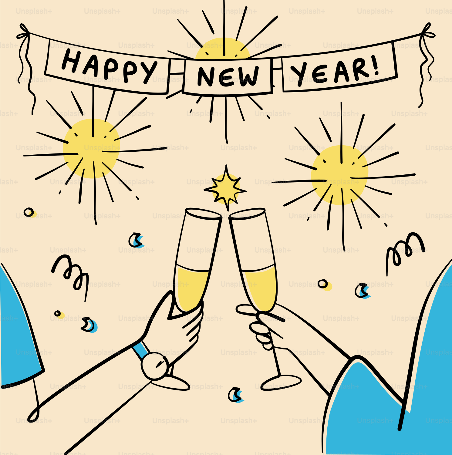 Deux mains qui tintent des verres de champagne avec la bannière de la bonne année.