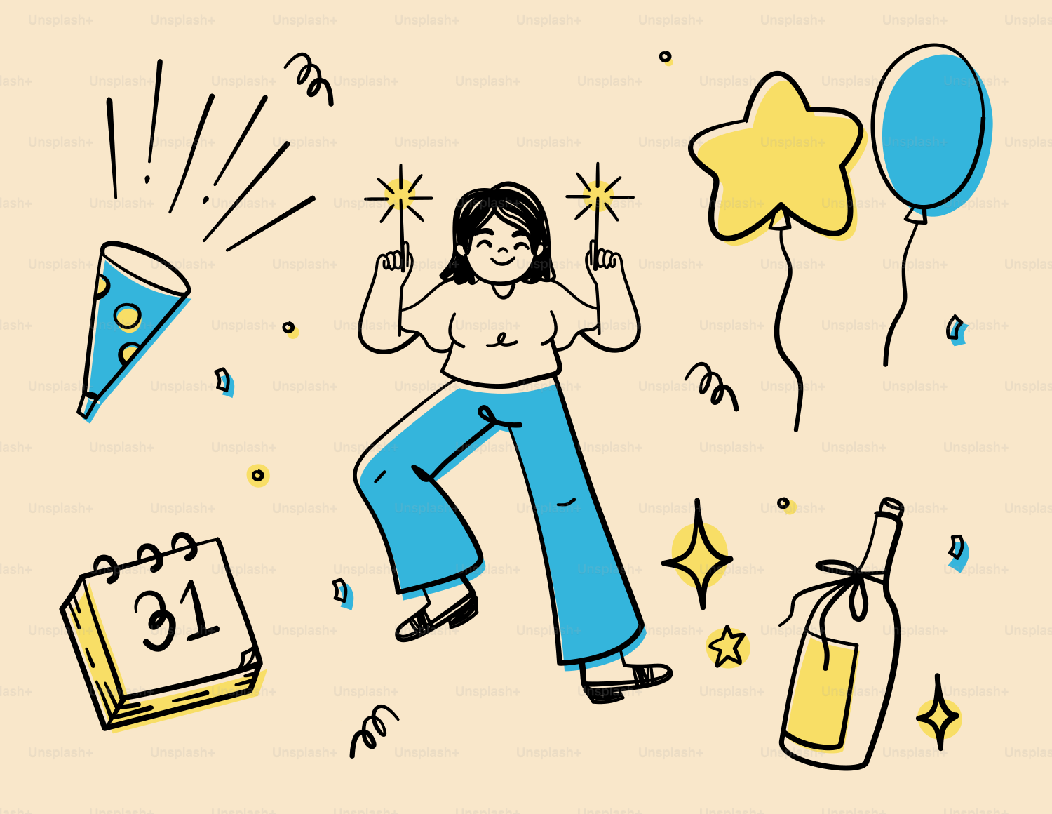 Woman celebrating with sparklers and balloons.