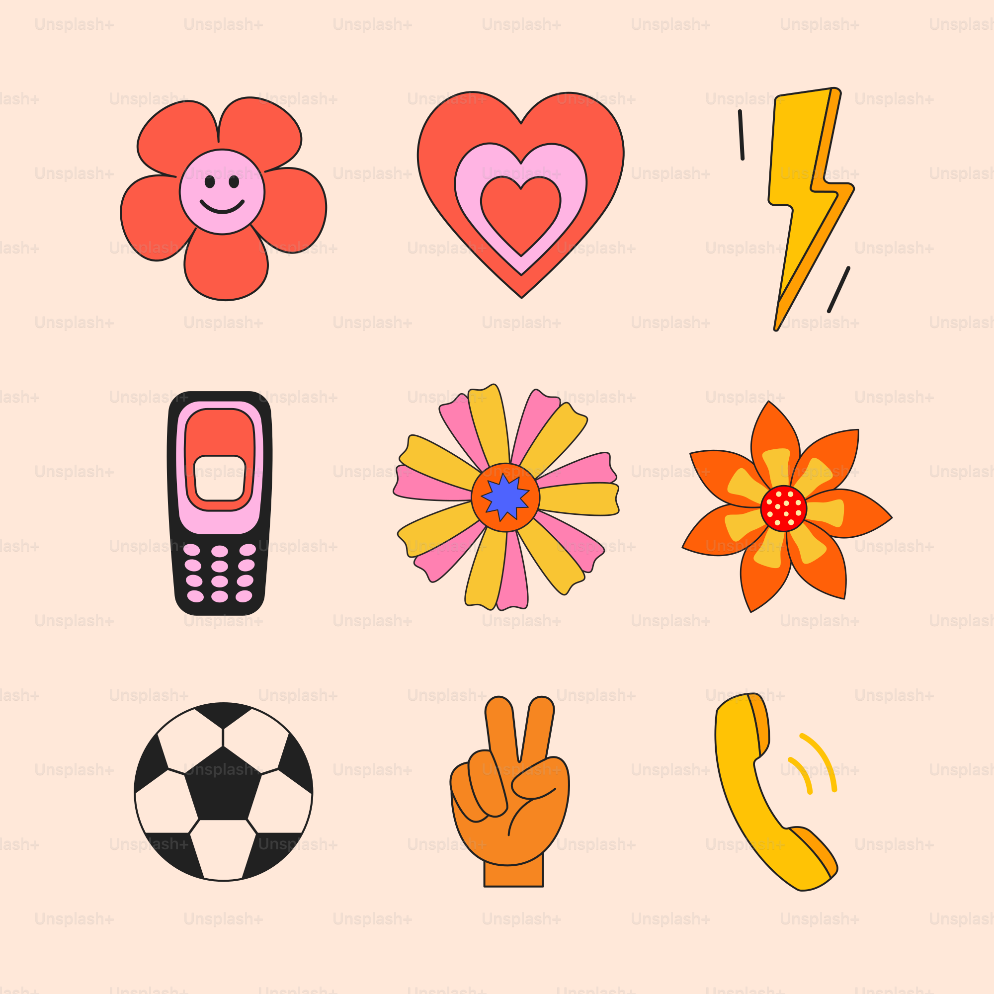 Retro icons: flower, heart, lightning, phone, soccer ball, peace sign.